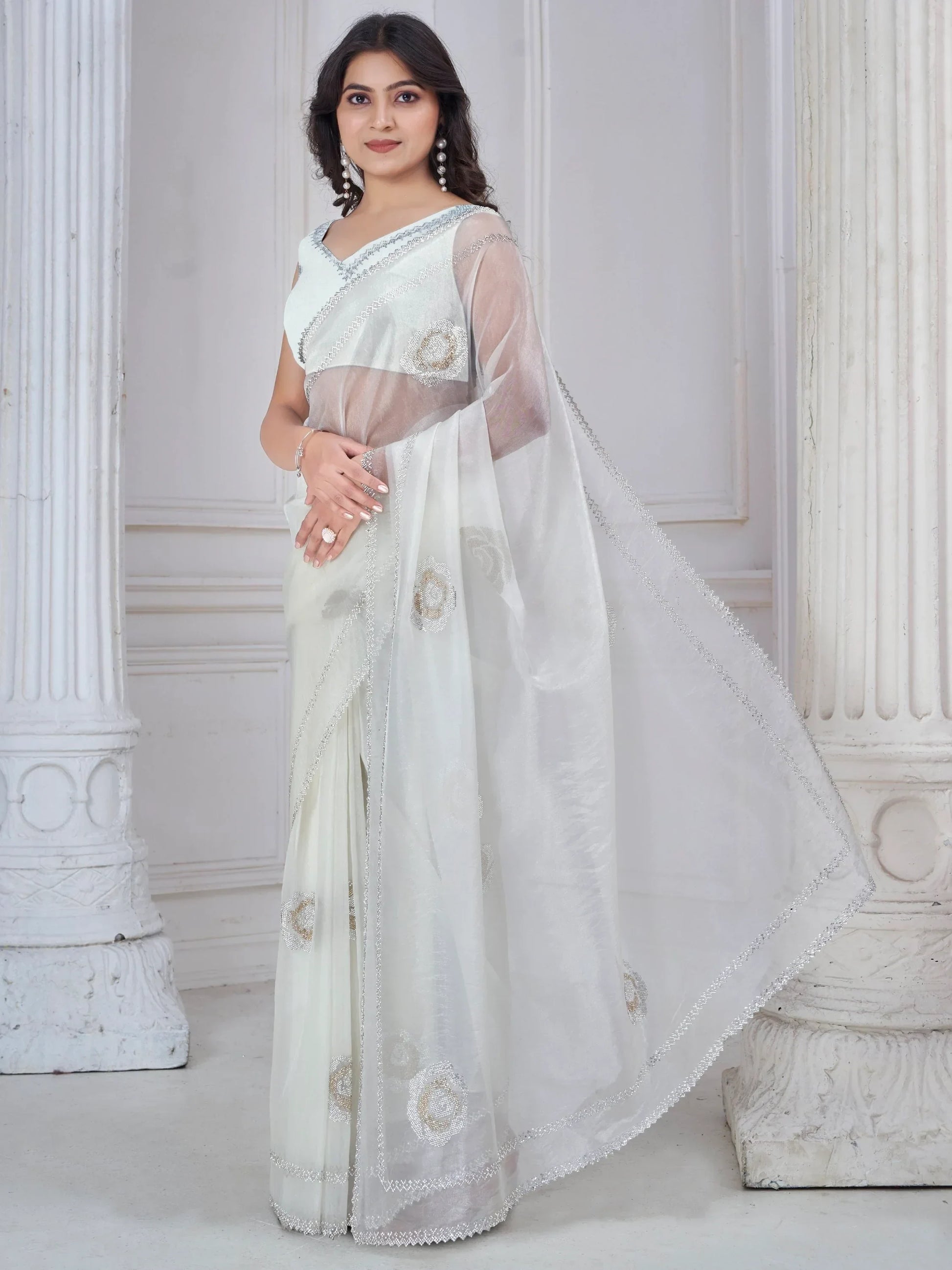 Magnetic White Jarkan Work Organza Event Wear Saree With Blouse - Zeel Clothing