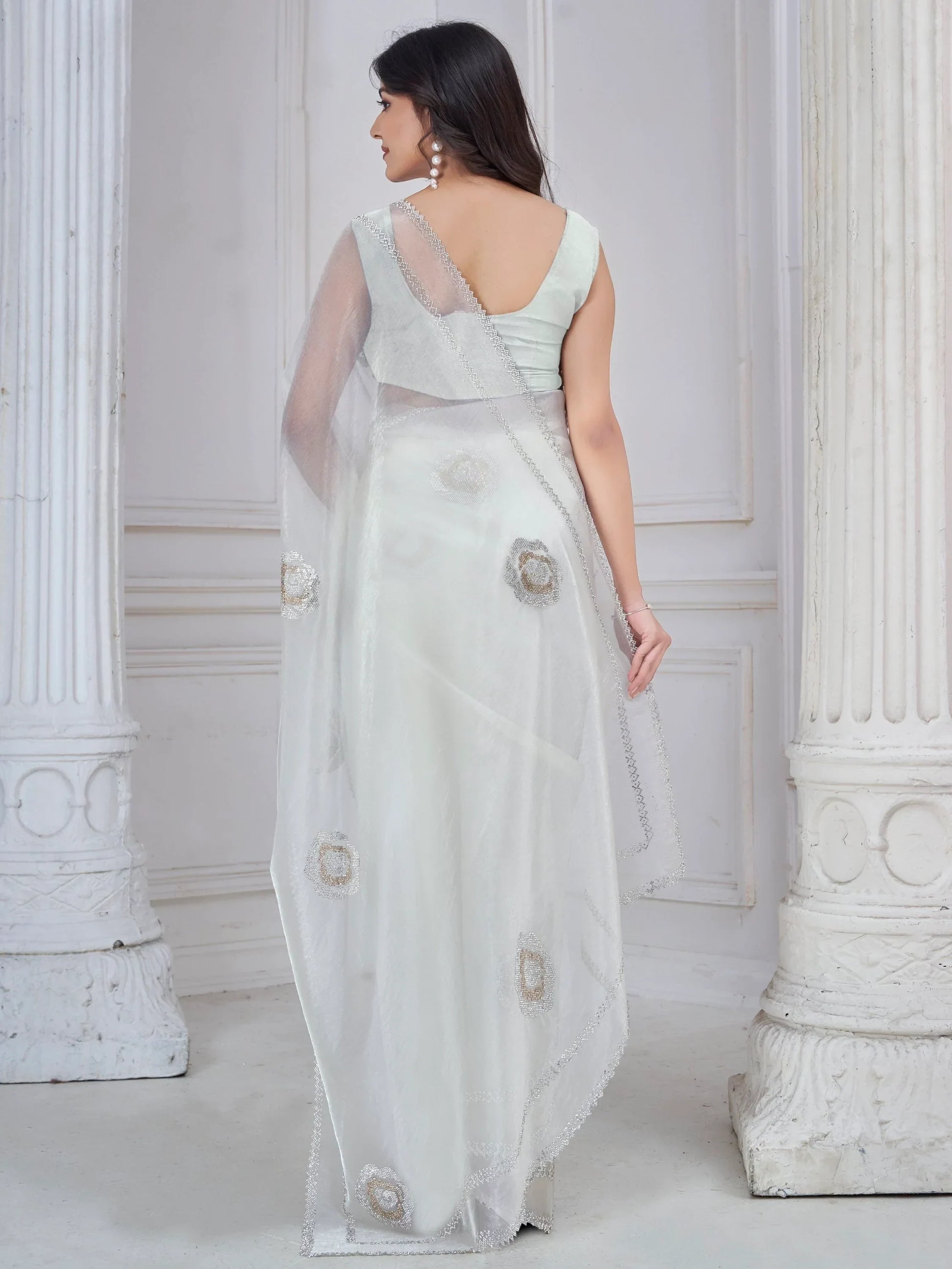 Magnetic White Jarkan Work Organza Event Wear Saree With Blouse - Zeel Clothing