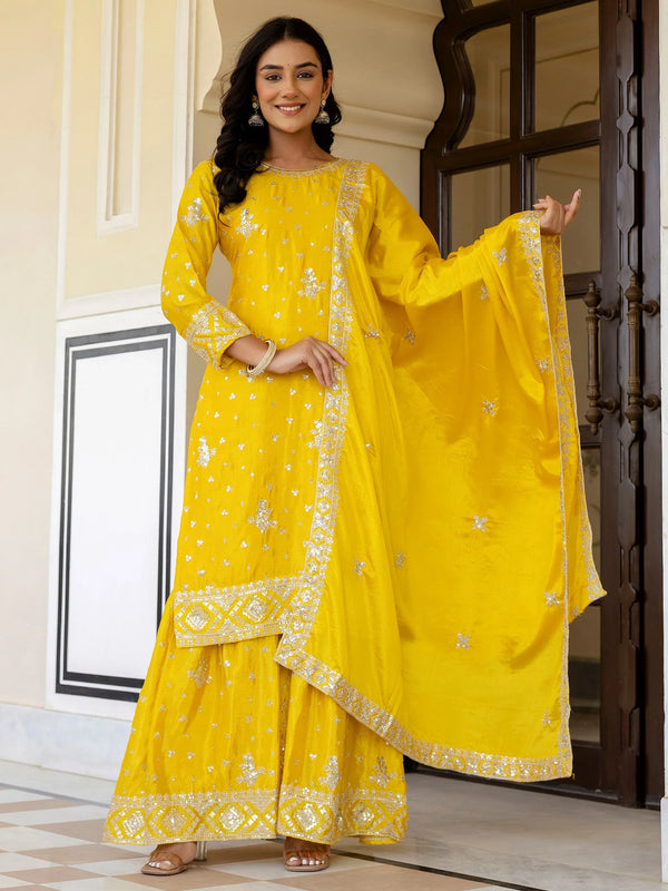 Magnetic Yellow Embroidered Chinon Haldi Wear Gharara Suit With Dupatta
