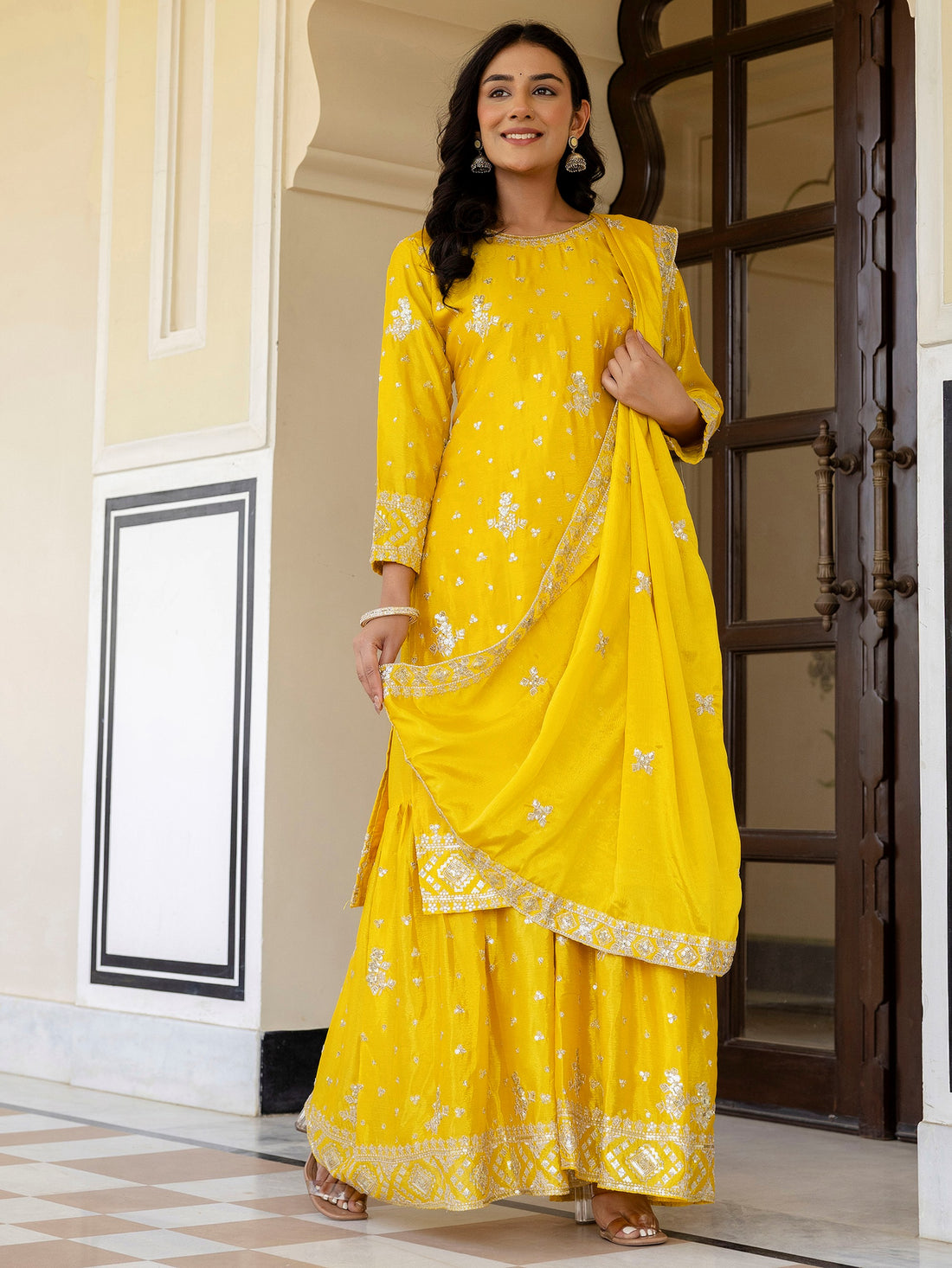Magnetic Yellow Embroidered Chinon Haldi Wear Gharara Suit With Dupatta