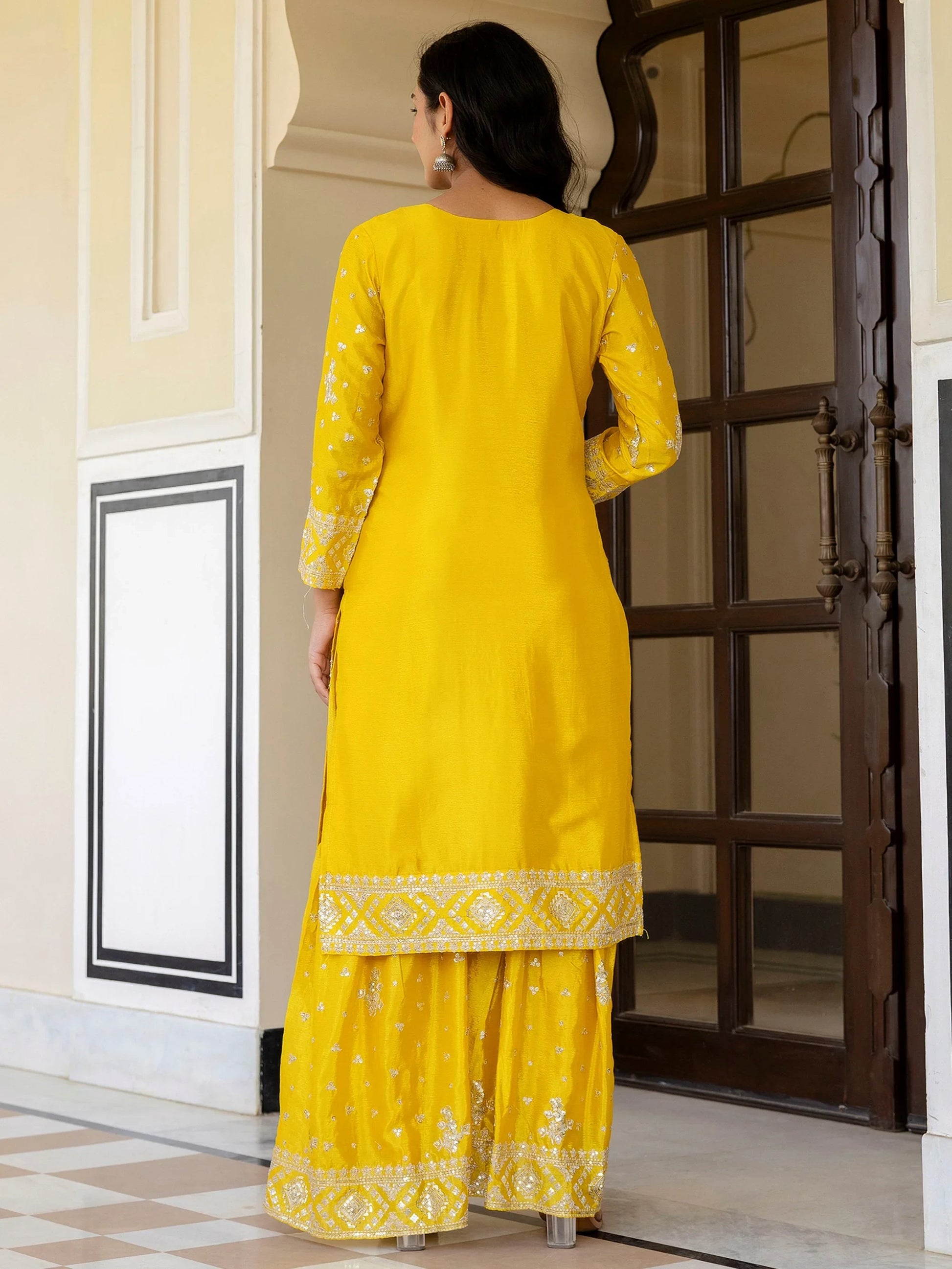 Magnetic Yellow Embroidered Chinon Haldi Wear Gharara Suit With Dupatta