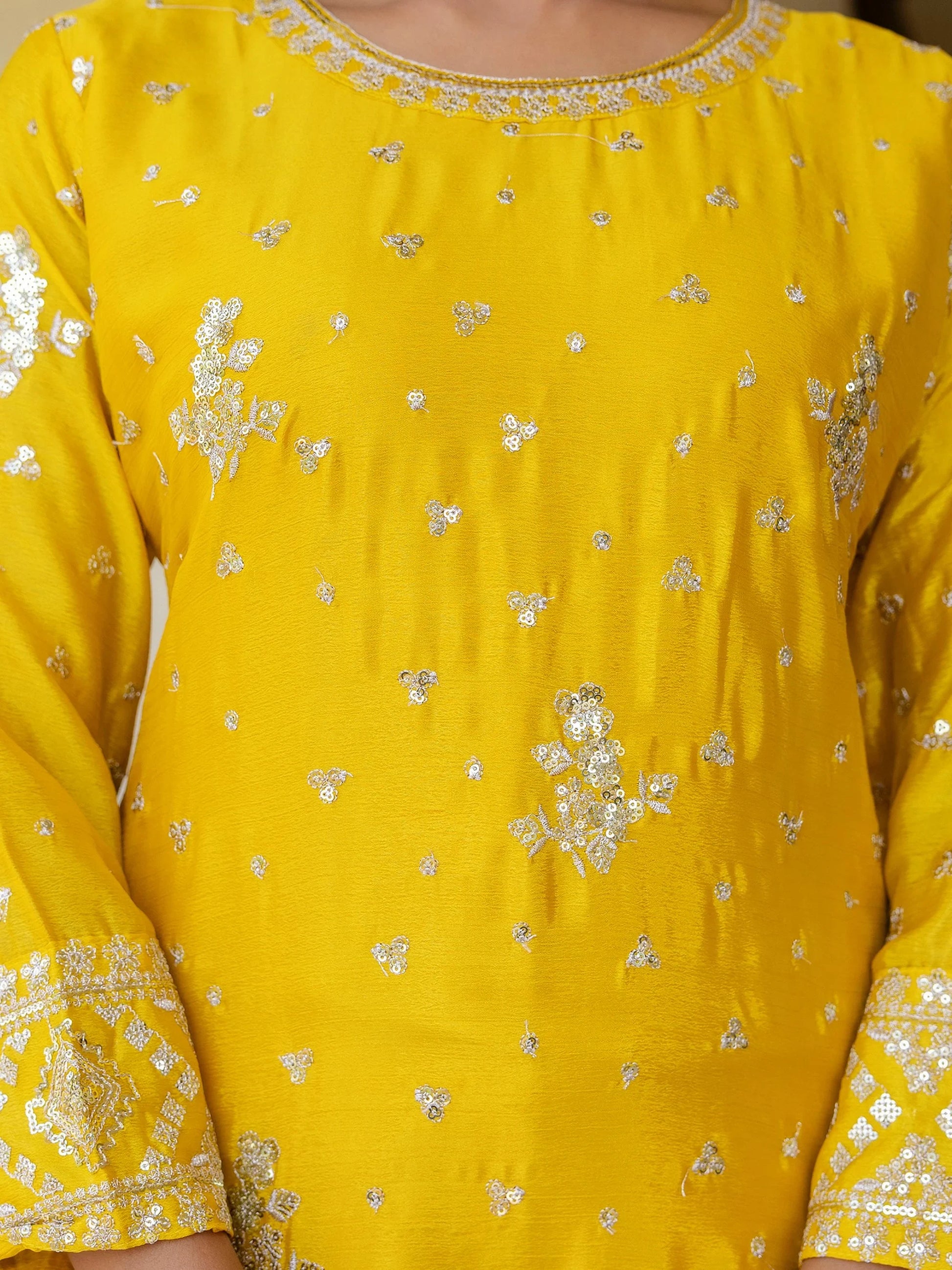 Magnetic Yellow Embroidered Chinon Haldi Wear Gharara Suit With Dupatta