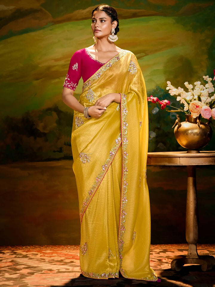 Magnetic Yellow Embroidered Organza Festival Wear Saree With Blouse - Zeel Clothing