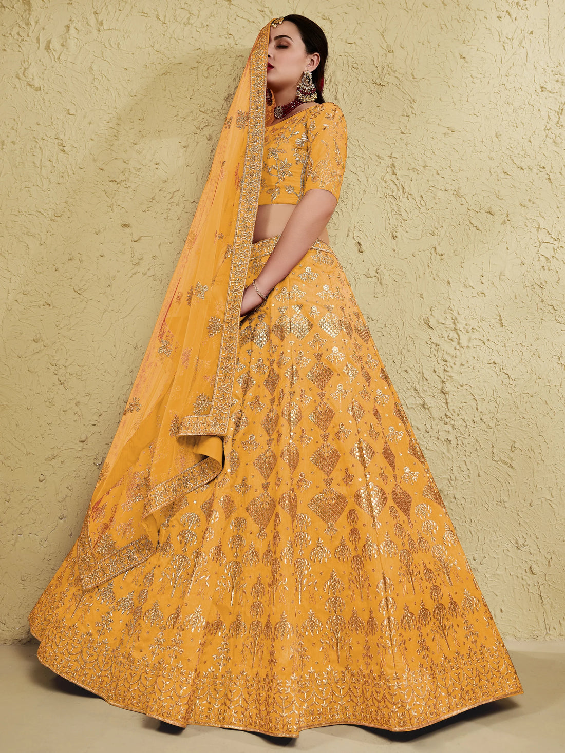 Magnetic Yellow Sequins Embroidered Slub Silk Haldi Wear Lehenga Choli - Zeel Clothing