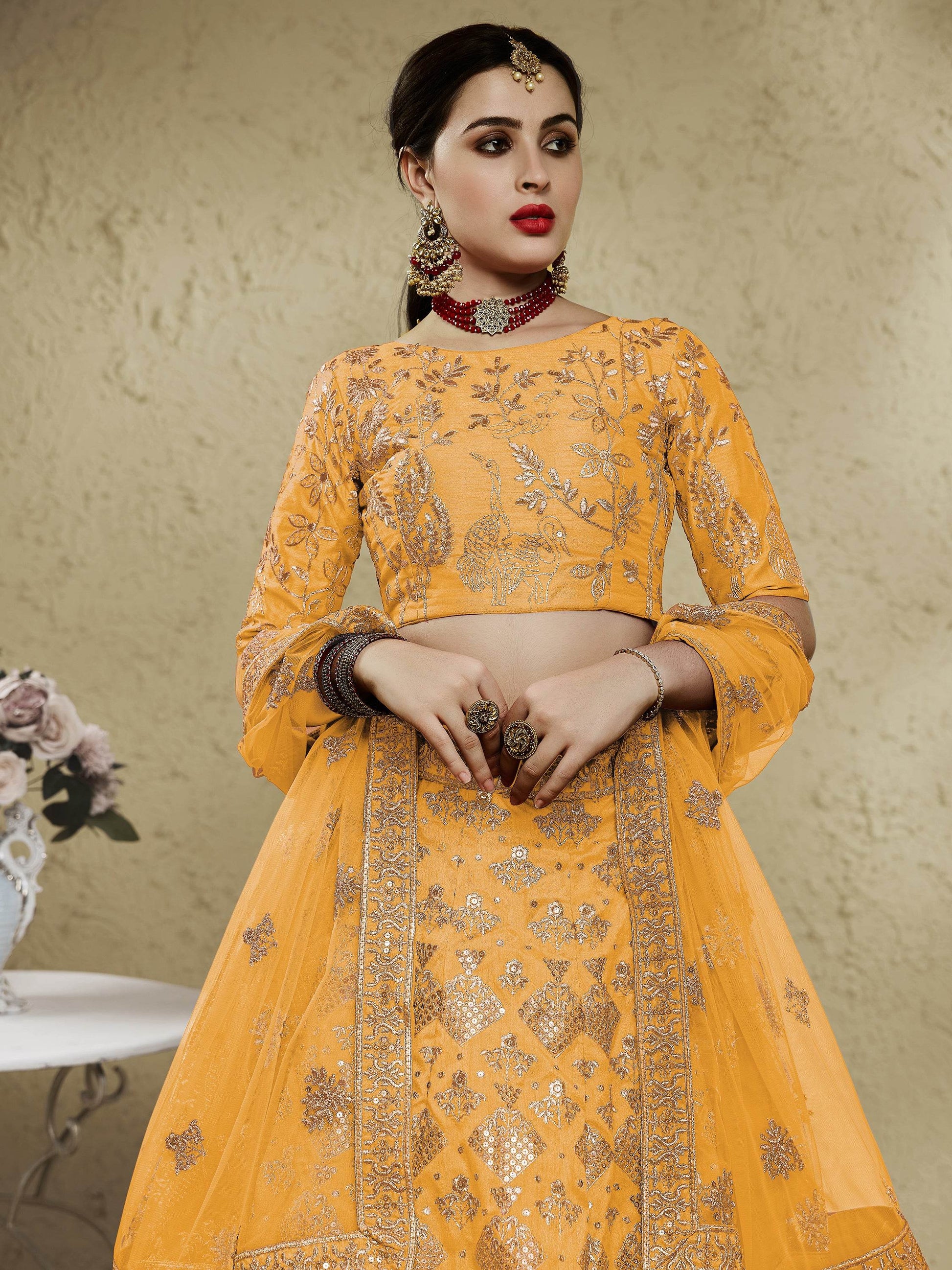 Magnetic Yellow Sequins Embroidered Slub Silk Haldi Wear Lehenga Choli - Zeel Clothing