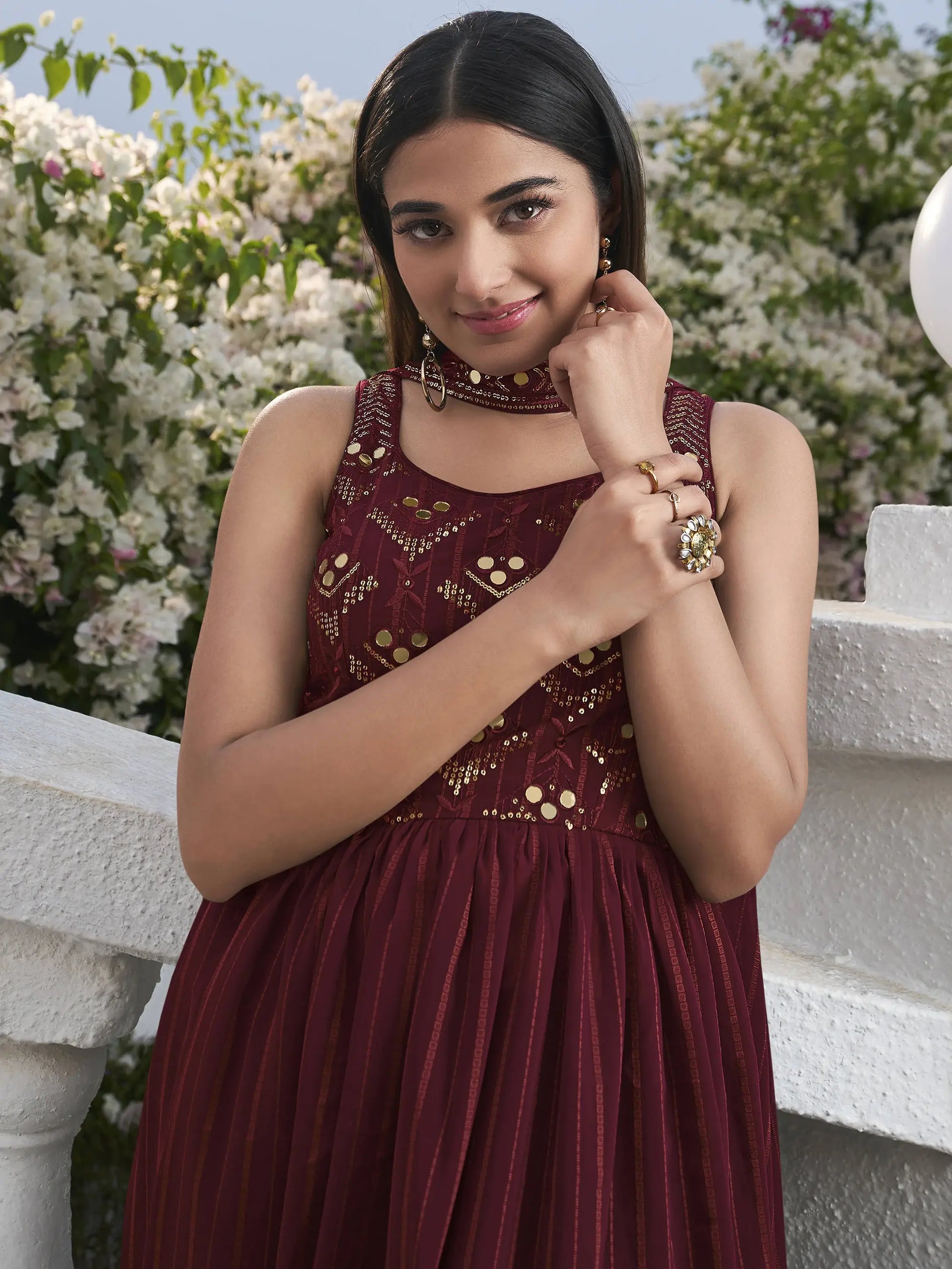Magnific Maroon Embroidered Georgette Festival Wear Salwar Kameez - Zeel Clothing