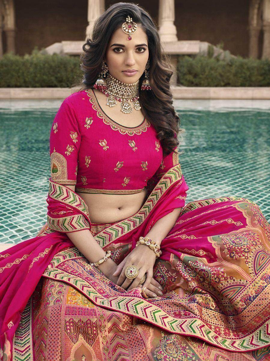 Magnific Orange-Pink Embroidered Banarasi Silk Bridal Lehenga Choli - Zeel Clothing