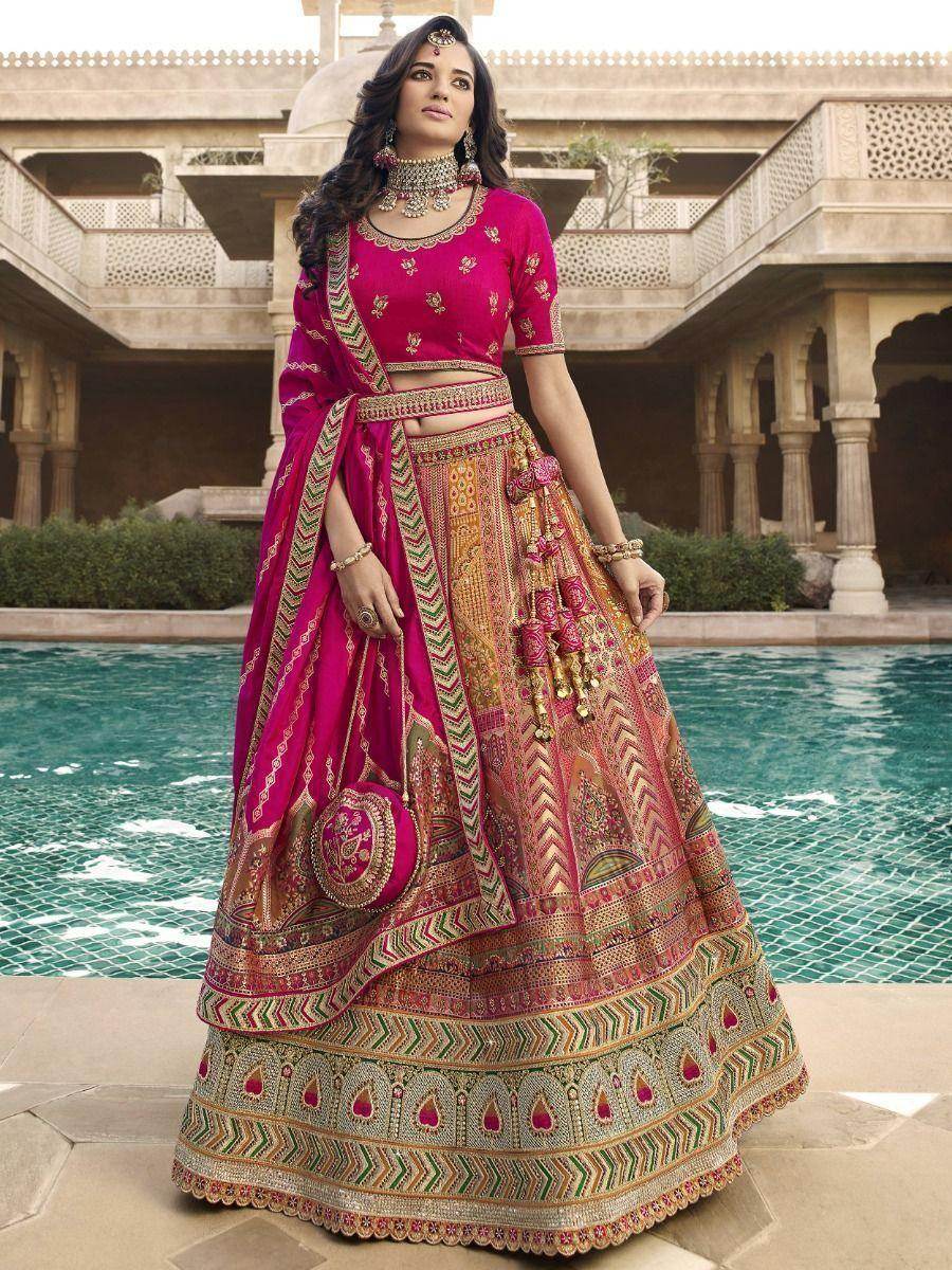 Magnific Orange-Pink Embroidered Banarasi Silk Bridal Lehenga Choli - Zeel Clothing
