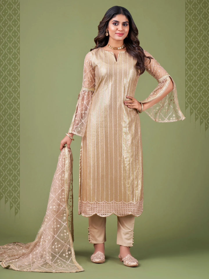 Magnificent Beige Sequins Embroidery Net Event Wear Salwar Suit - Zeel Clothing