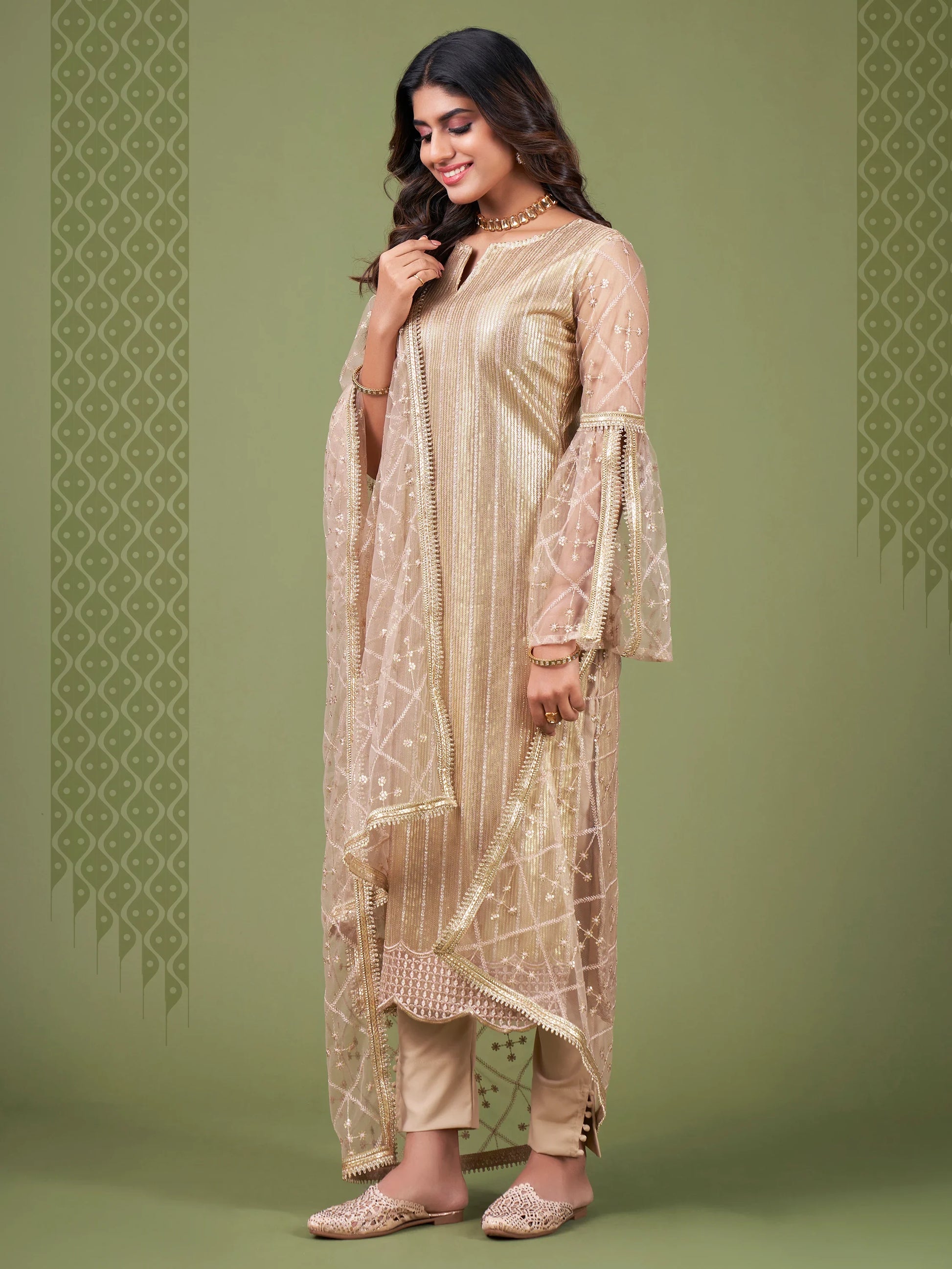 Magnificent Beige Sequins Embroidery Net Event Wear Salwar Suit - Zeel Clothing