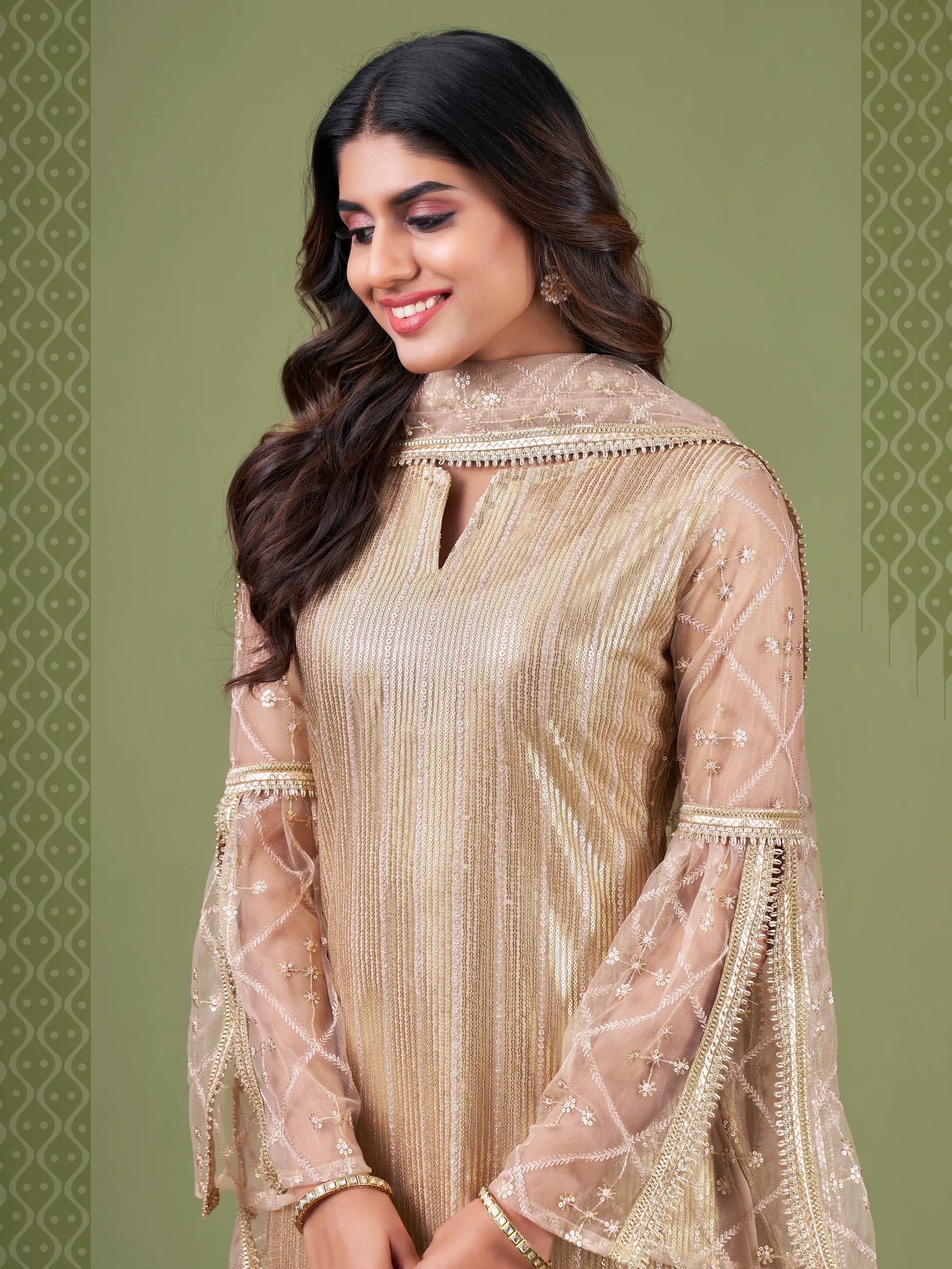 Magnificent Beige Sequins Embroidery Net Event Wear Salwar Suit - Zeel Clothing