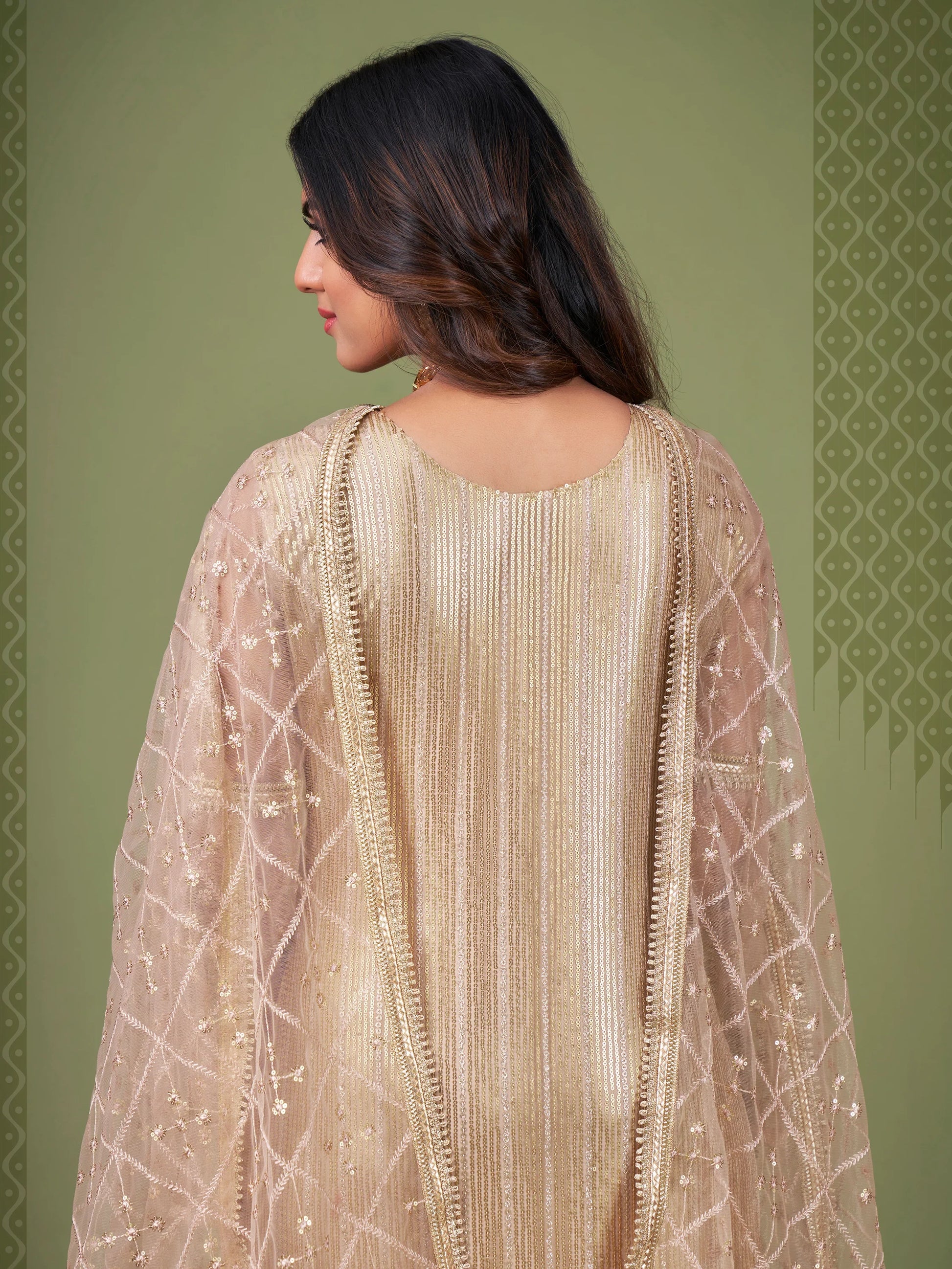 Magnificent Beige Sequins Embroidery Net Event Wear Salwar Suit - Zeel Clothing