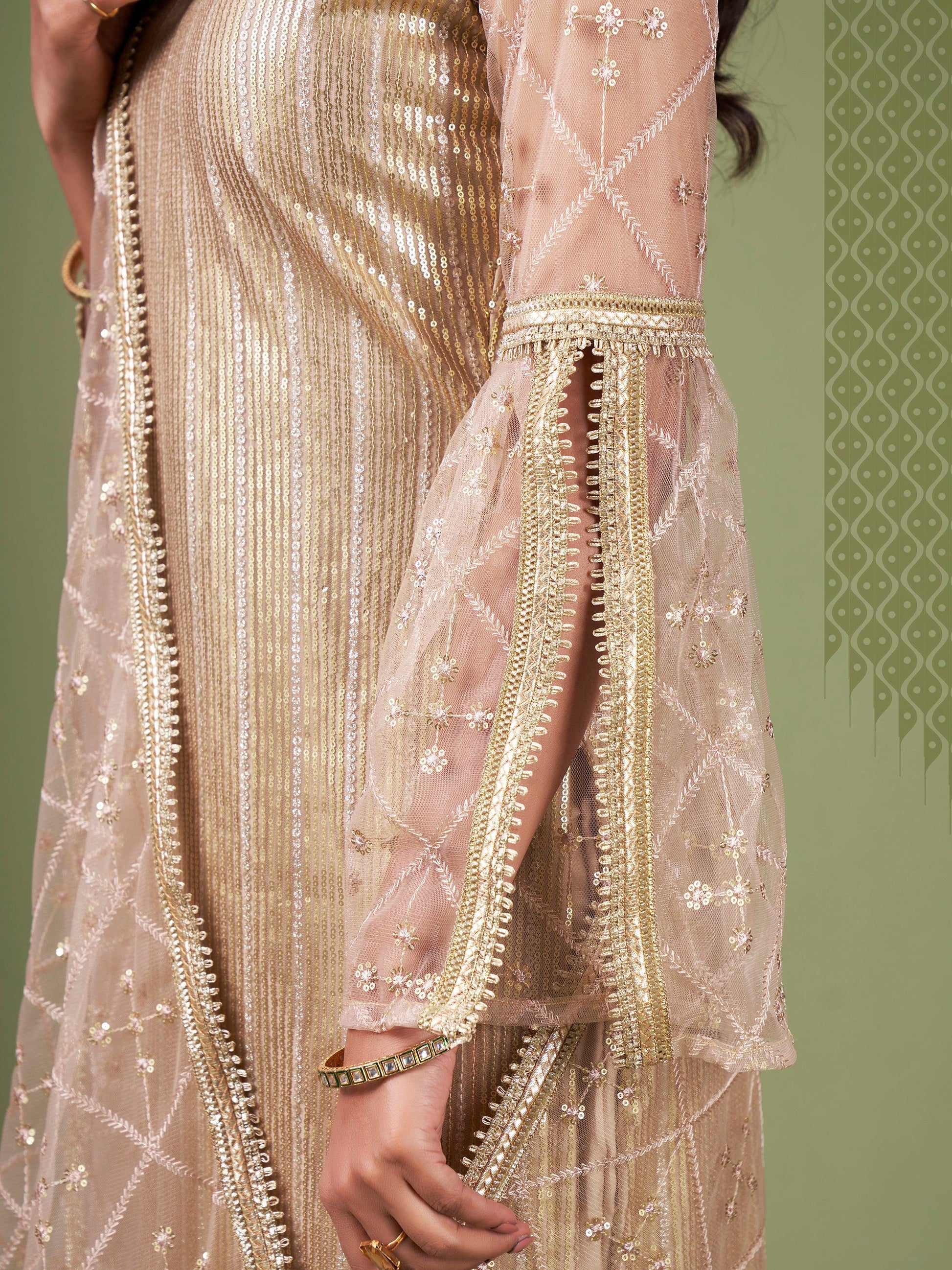 Magnificent Beige Sequins Embroidery Net Event Wear Salwar Suit - Zeel Clothing