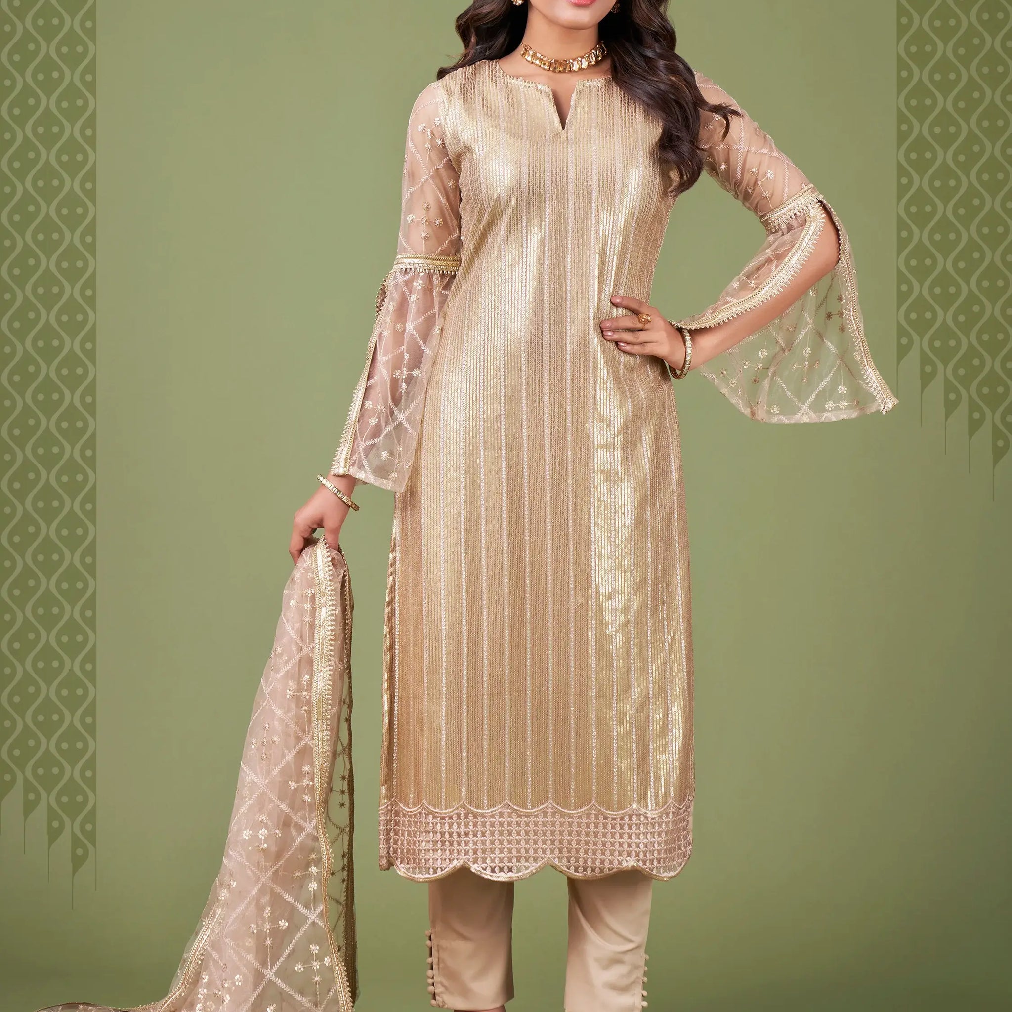 Magnificent Beige Sequins Embroidery Net Event Wear Salwar Suit - Zeel Clothing