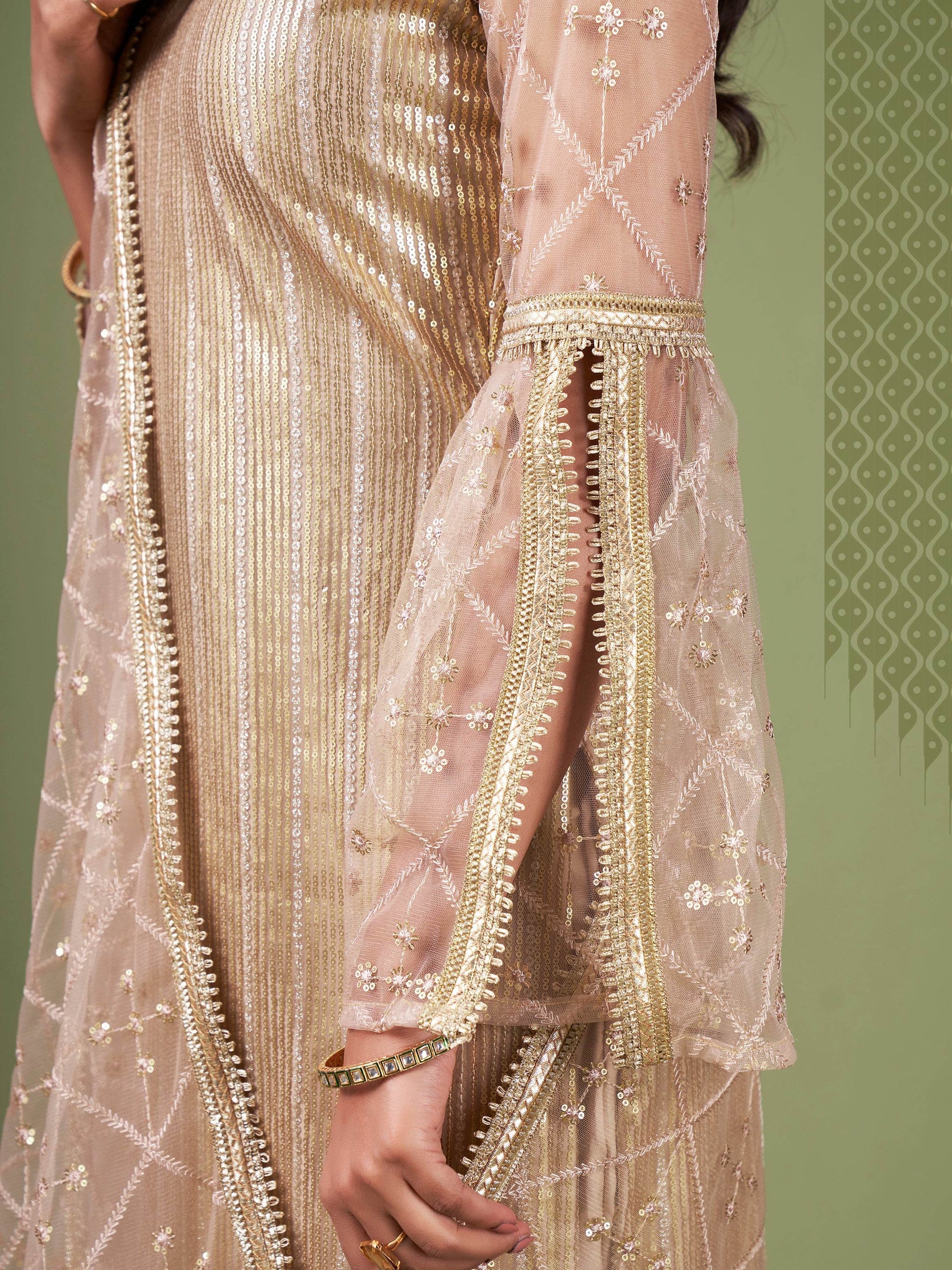 Magnificent Beige Sequins Embroidery Net Event Wear Salwar Suit - Zeel Clothing
