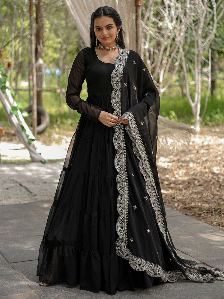 Magnificent Black Georgette Party Wear Plain Gown With Dupatta - Zeel Clothing
