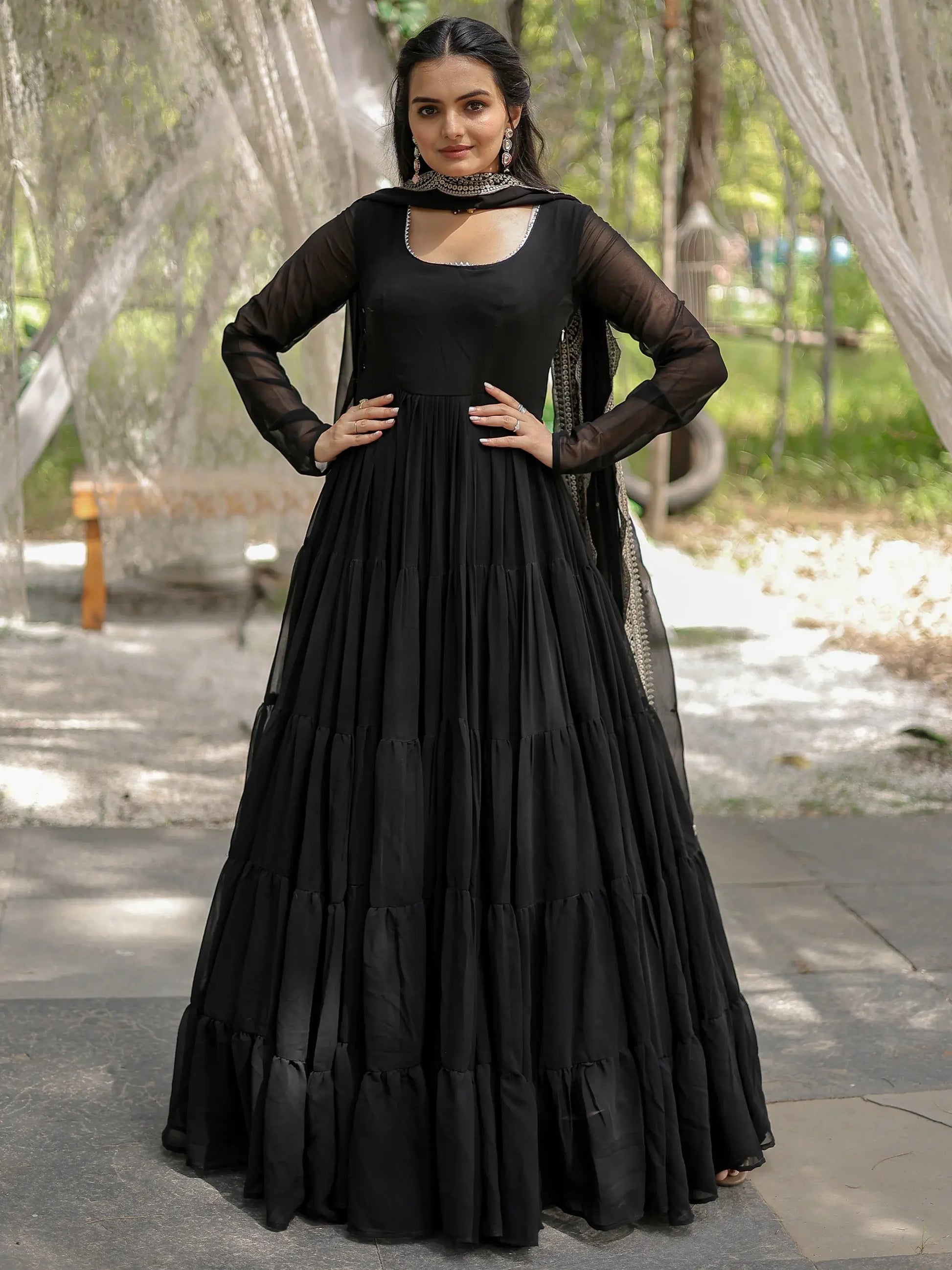 Magnificent Black Georgette Party Wear Plain Gown With Dupatta - Zeel Clothing