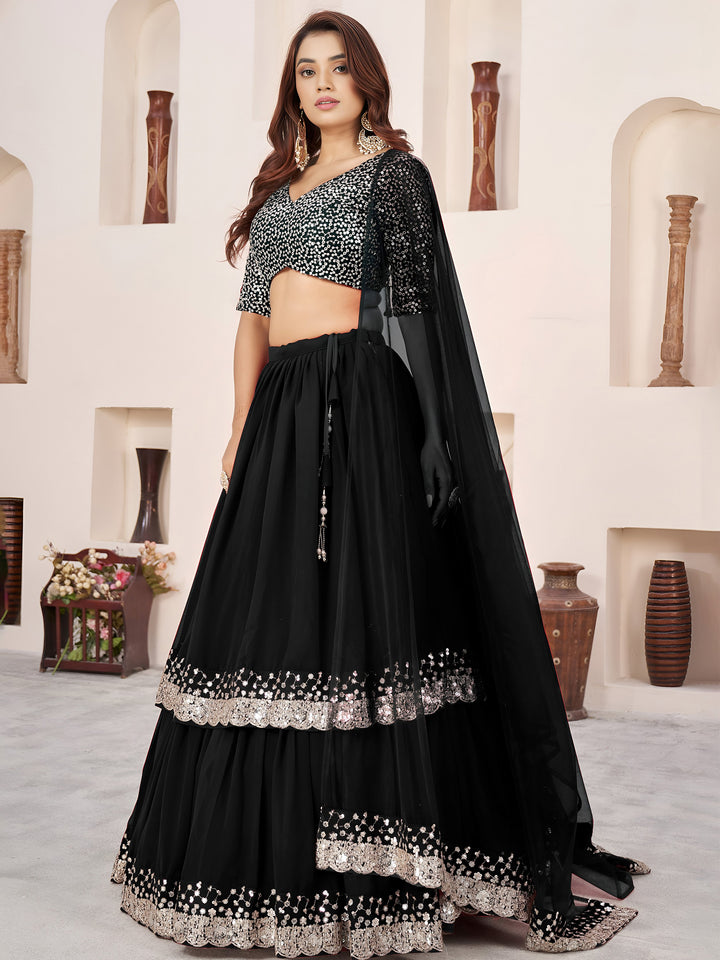 Magnificent Black Sequins Georgette Wedding Wear Lehenga With Dupatta