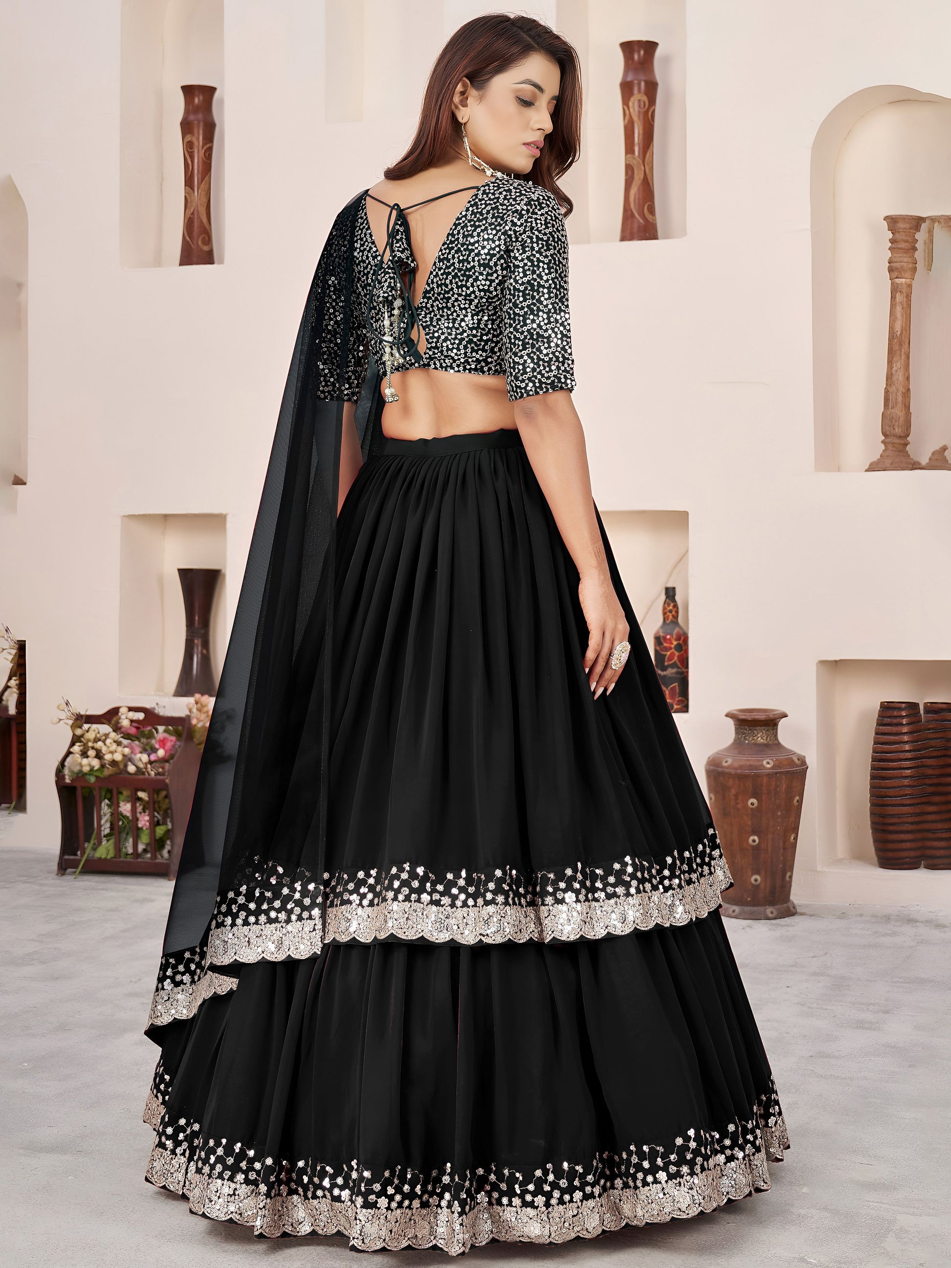 Magnificent Black Sequins Georgette Wedding Wear Lehenga With Dupatta