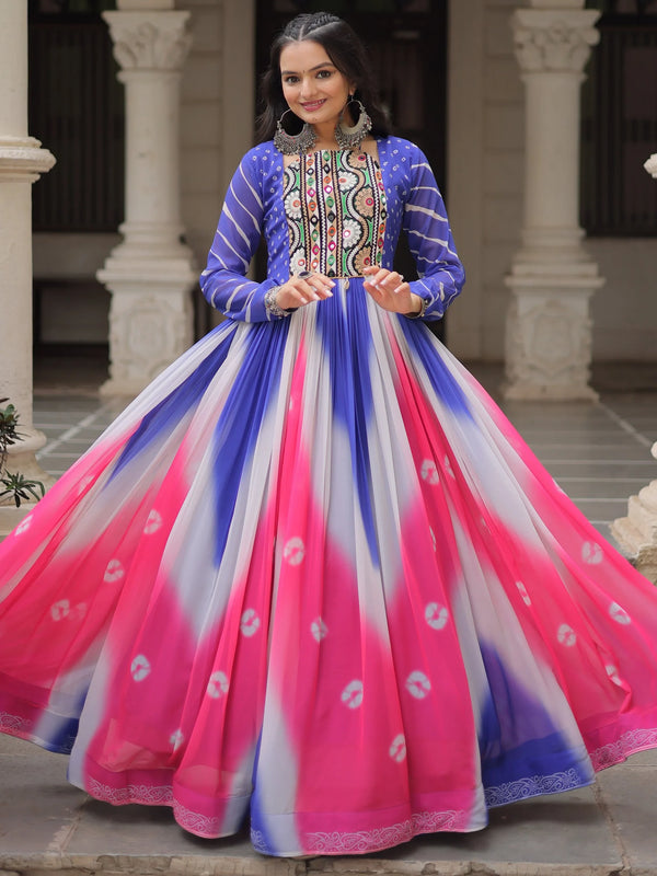 Magnificent Blue Bandhej Print Georgette Traditional Gown