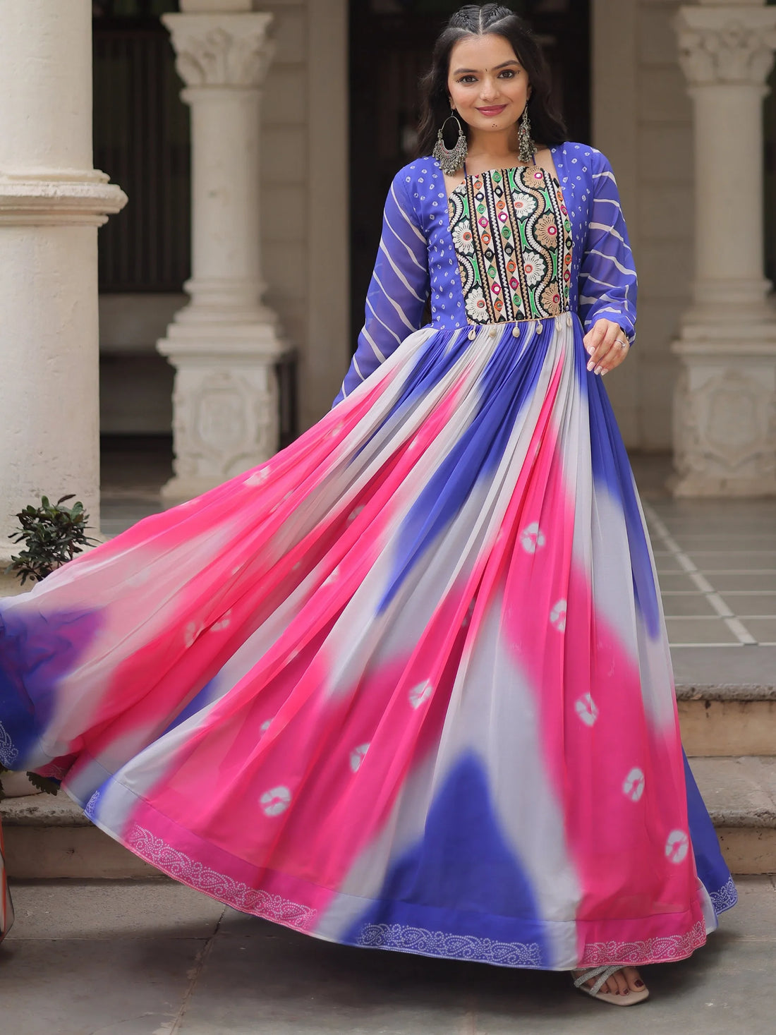Magnificent Blue Bandhej Print Georgette Traditional Gown