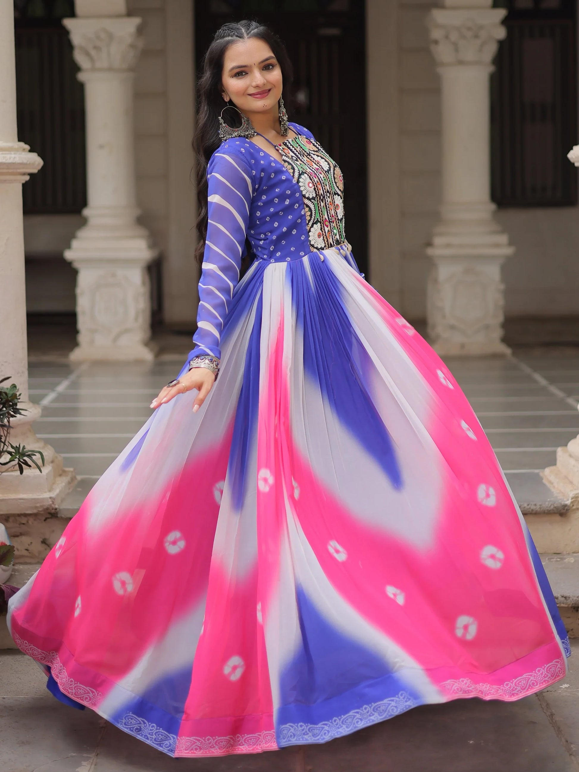 Magnificent Blue Bandhej Print Georgette Traditional Gown