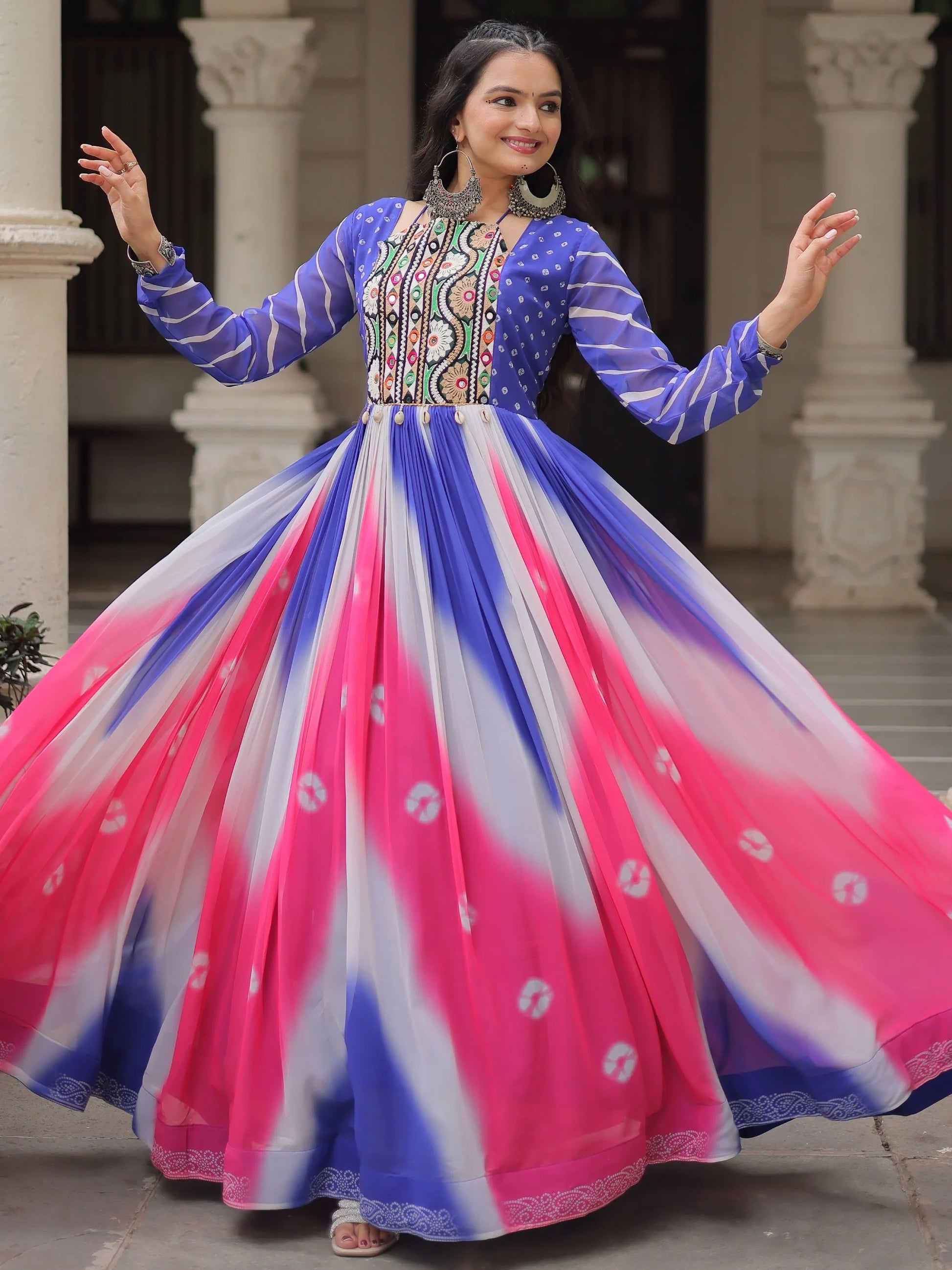 Magnificent Blue Bandhej Print Georgette Traditional Gown