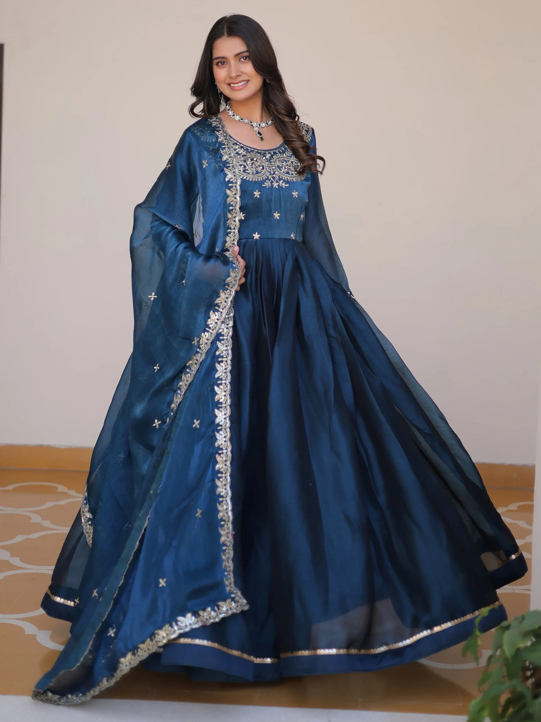 Magnificent Blue Embroidered Silk Event Gown With Dupatta