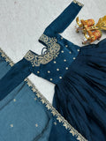 Magnificent Blue Embroidered Silk Event Gown With Dupatta