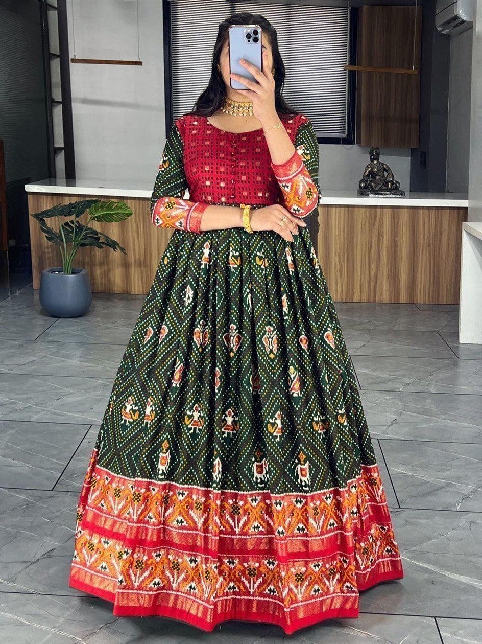 Magnificent Green Bandhani Printed Silk Festive Wear Gown