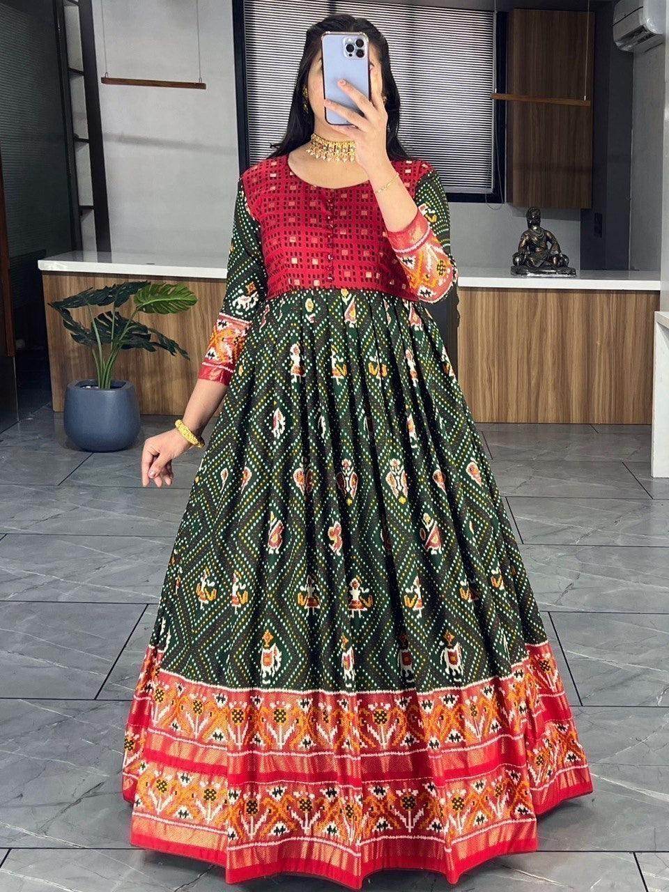 Magnificent Green Bandhani Printed Silk Festive Wear Gown - Zeel Clothing