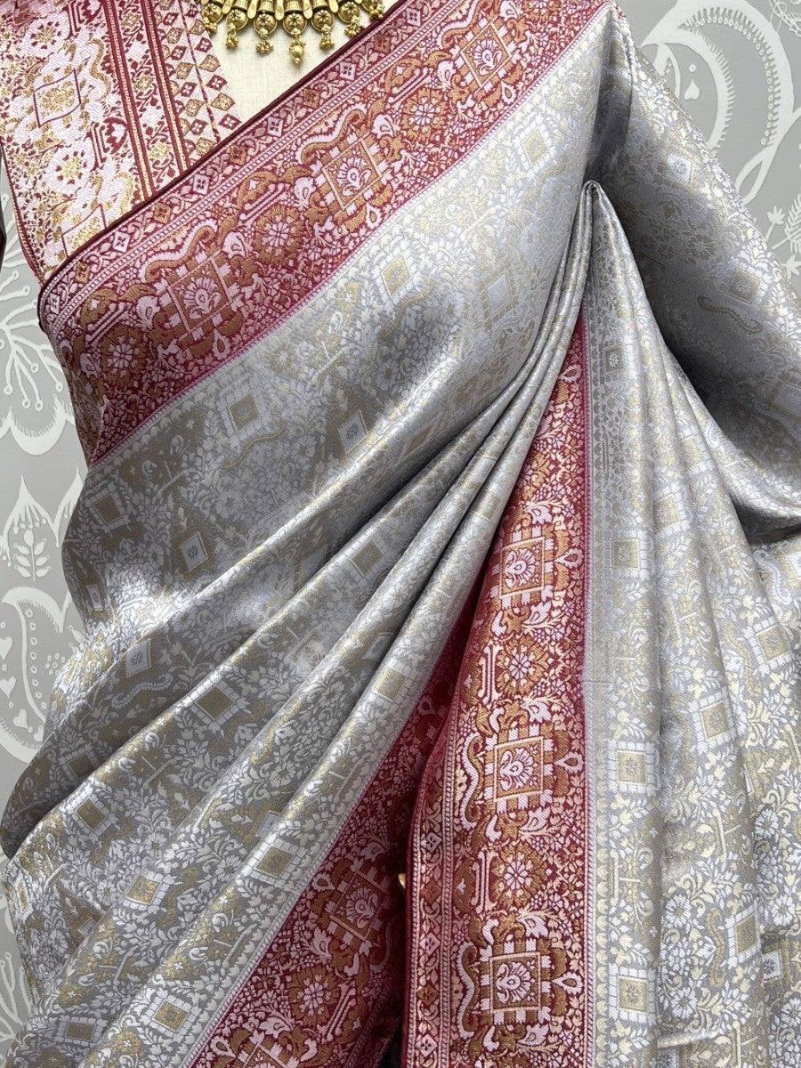 Magnificent Grey Zari Woven Kanjivaram Silk Designer Saree With Blouse