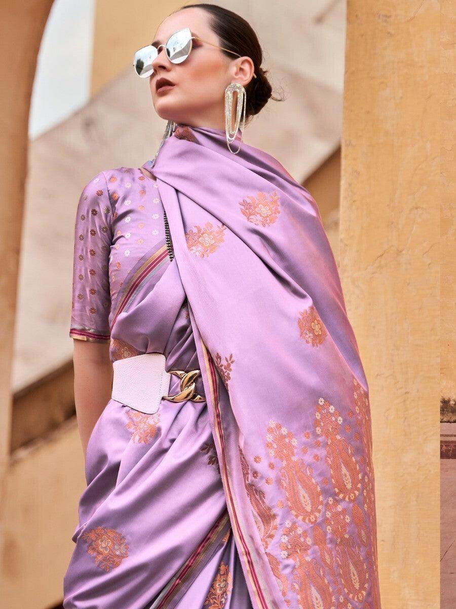 Magnificent Light Purple Zari Weaving Satin Events Wear Saree - Zeel Clothing