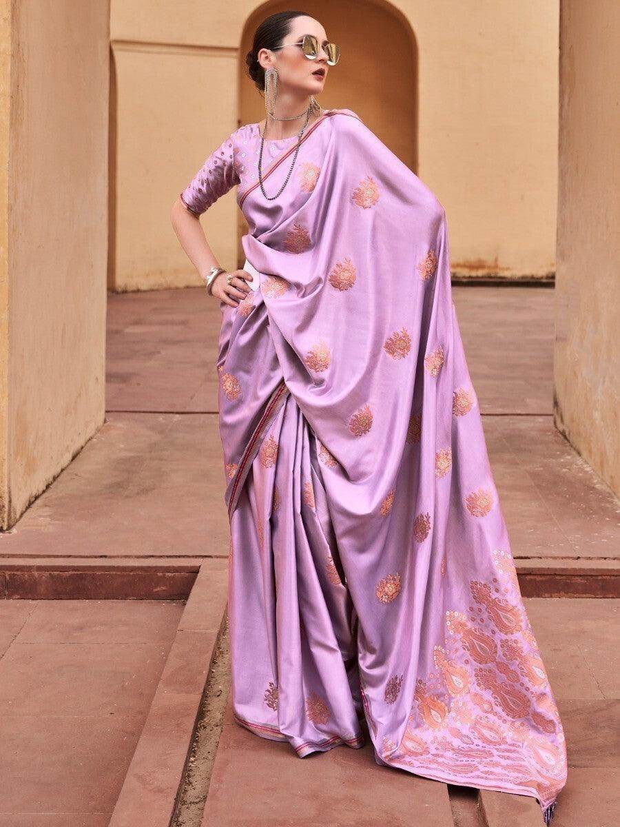 Magnificent Light Purple Zari Weaving Satin Events Wear Saree - Zeel Clothing