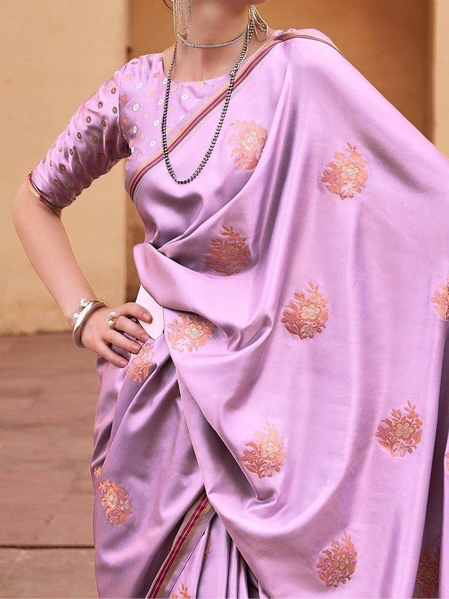 Magnificent Light Purple Zari Weaving Satin Events Wear Saree - Zeel Clothing