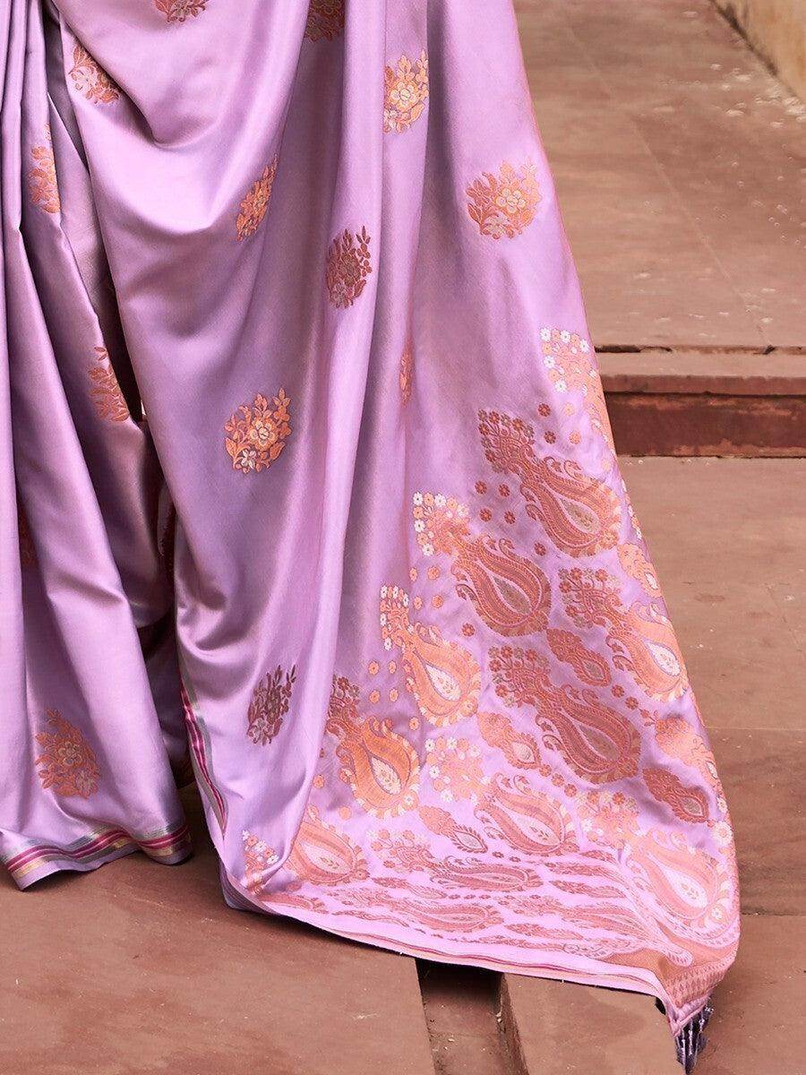 Magnificent Light Purple Zari Weaving Satin Events Wear Saree - Zeel Clothing