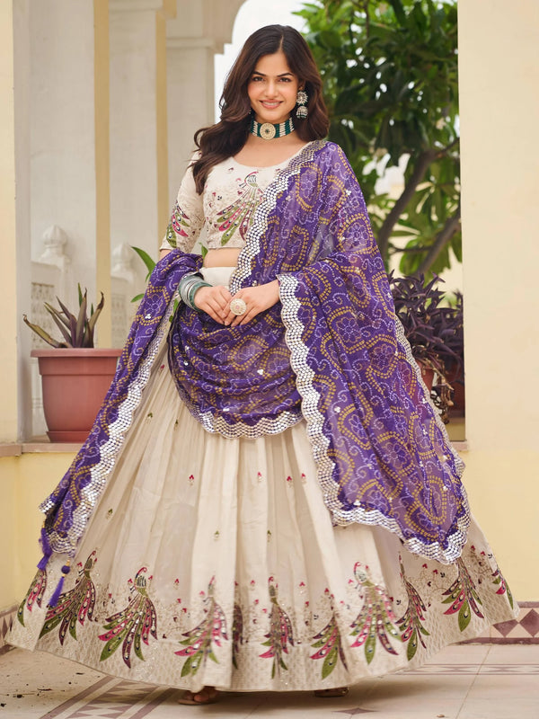 Magnificent Off-White Embroidered Tissue Silk Festive Wear Lehenga Choli With Purple Dupatta - Zeel Clothing