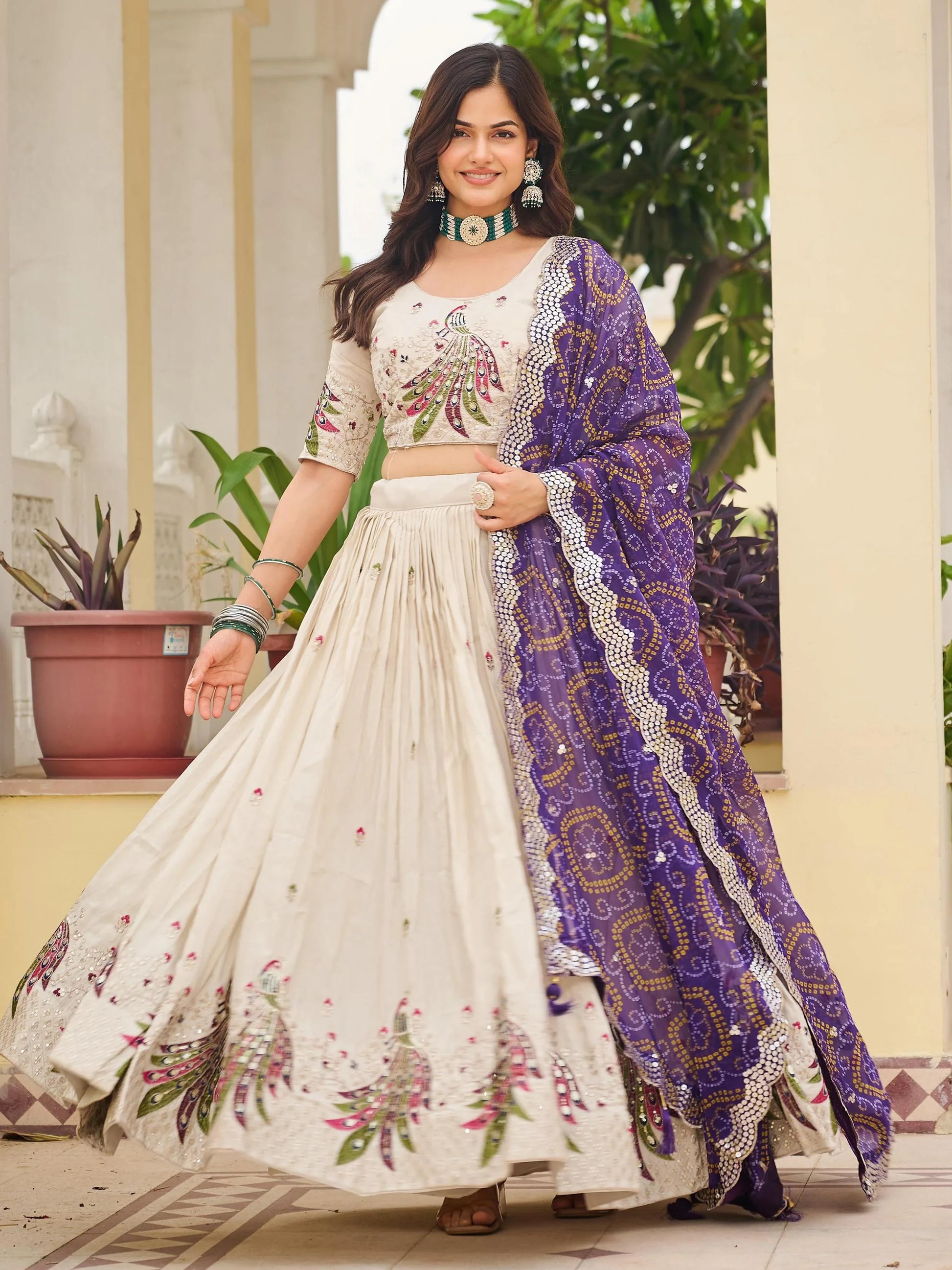 Magnificent Off-White Embroidered Tissue Silk Festive Wear Lehenga Choli With Purple Dupatta - Zeel Clothing
