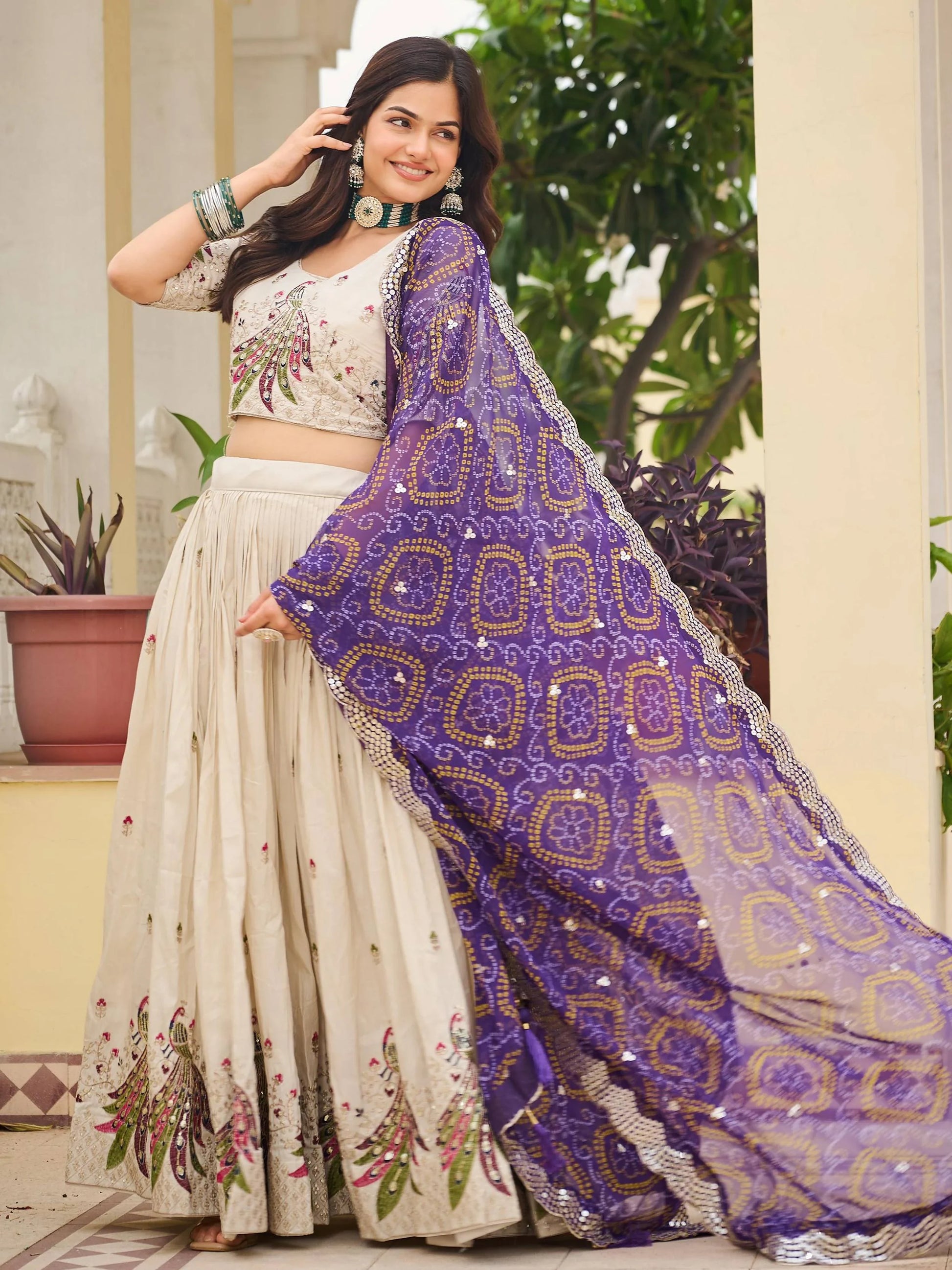 Magnificent Off-White Embroidered Tissue Silk Festive Wear Lehenga Choli With Purple Dupatta - Zeel Clothing