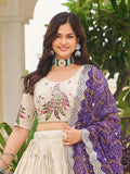 Magnificent Off-White Embroidered Tissue Silk Festive Wear Lehenga Choli With Purple Dupatta - Zeel Clothing
