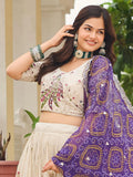 Magnificent Off-White Embroidered Tissue Silk Festive Wear Lehenga Choli With Purple Dupatta - Zeel Clothing