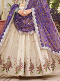 Magnificent Off-White Embroidered Tissue Silk Festive Wear Lehenga Choli With Purple Dupatta - Zeel Clothing