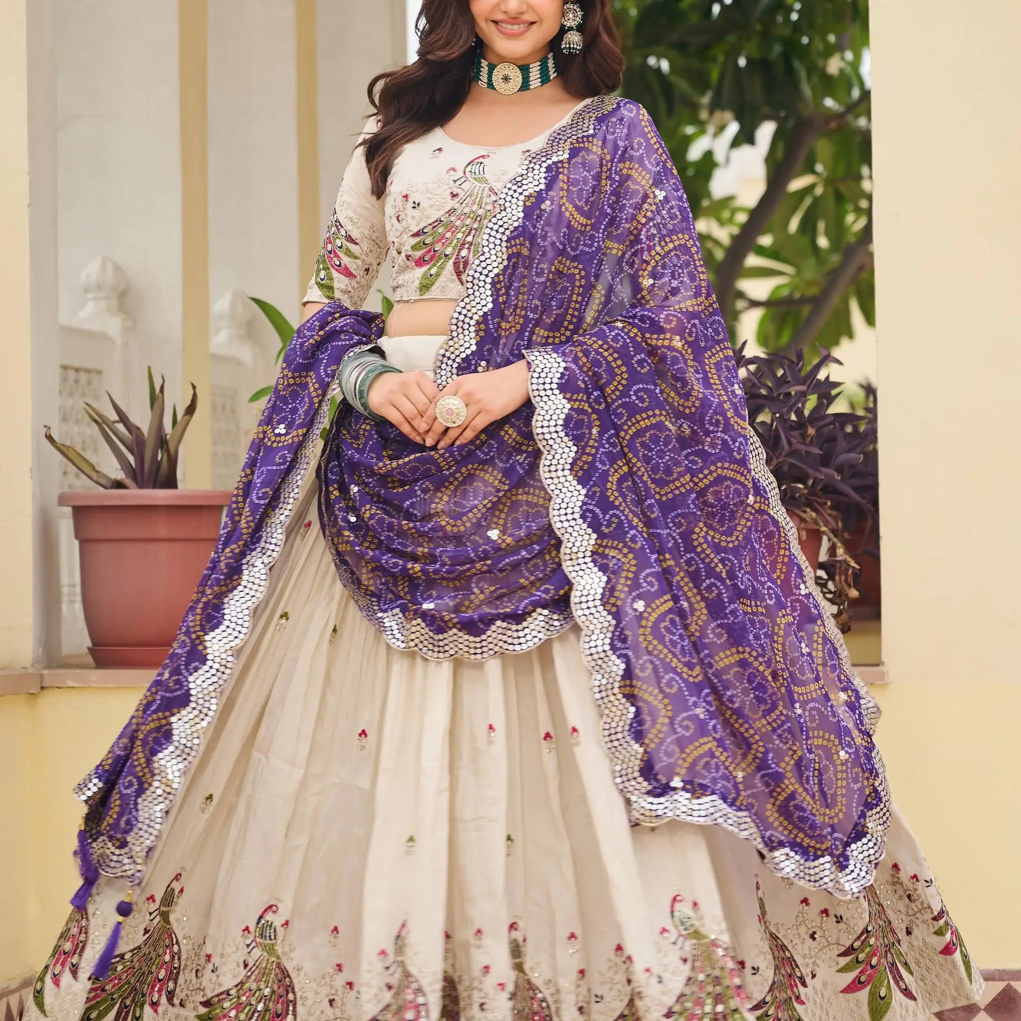 Magnificent Off-White Embroidered Tissue Silk Festive Wear Lehenga Choli With Purple Dupatta - Zeel Clothing