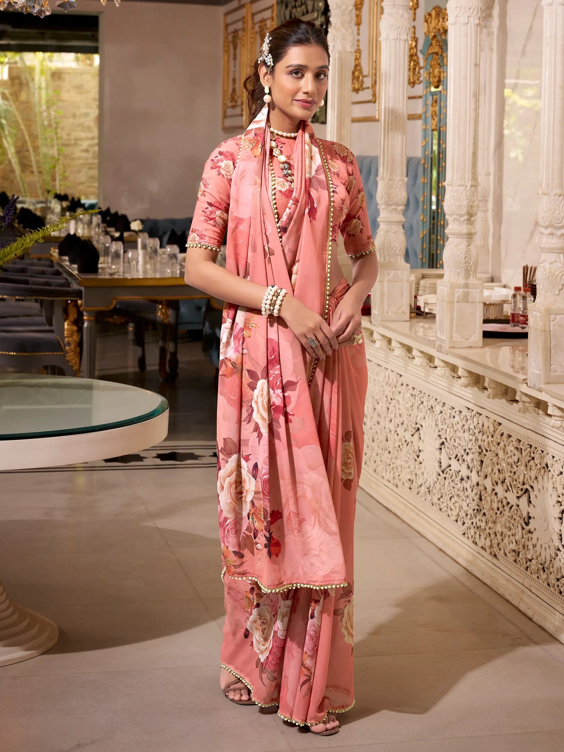 Magnificent Orange Digital Printed Georgette Casual Wear Saree With Blouse - Zeel Clothing