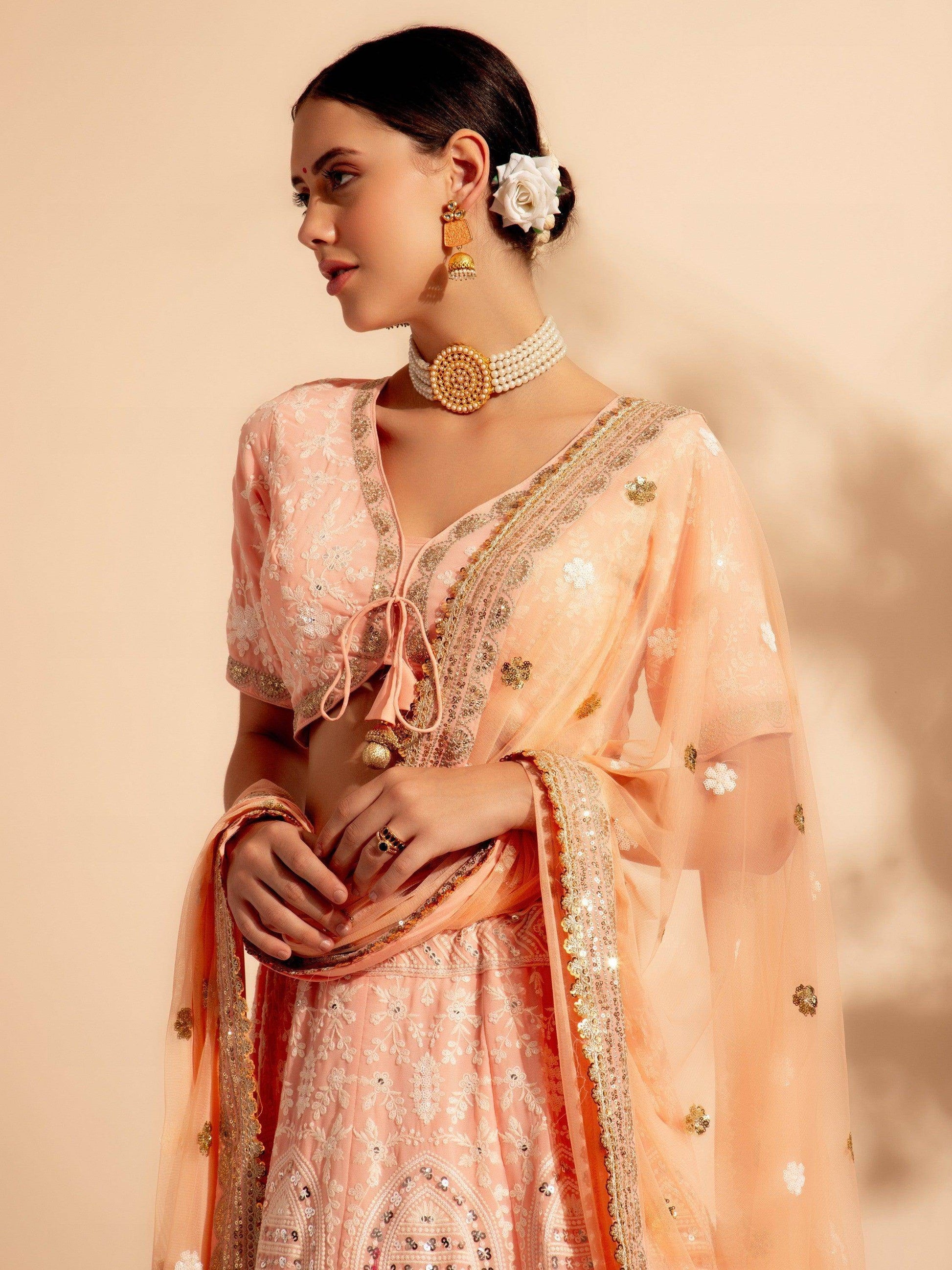 Magnificent Peach Embroidered Georgette Bridesmaid Lehenga Choli - Zeel Clothing