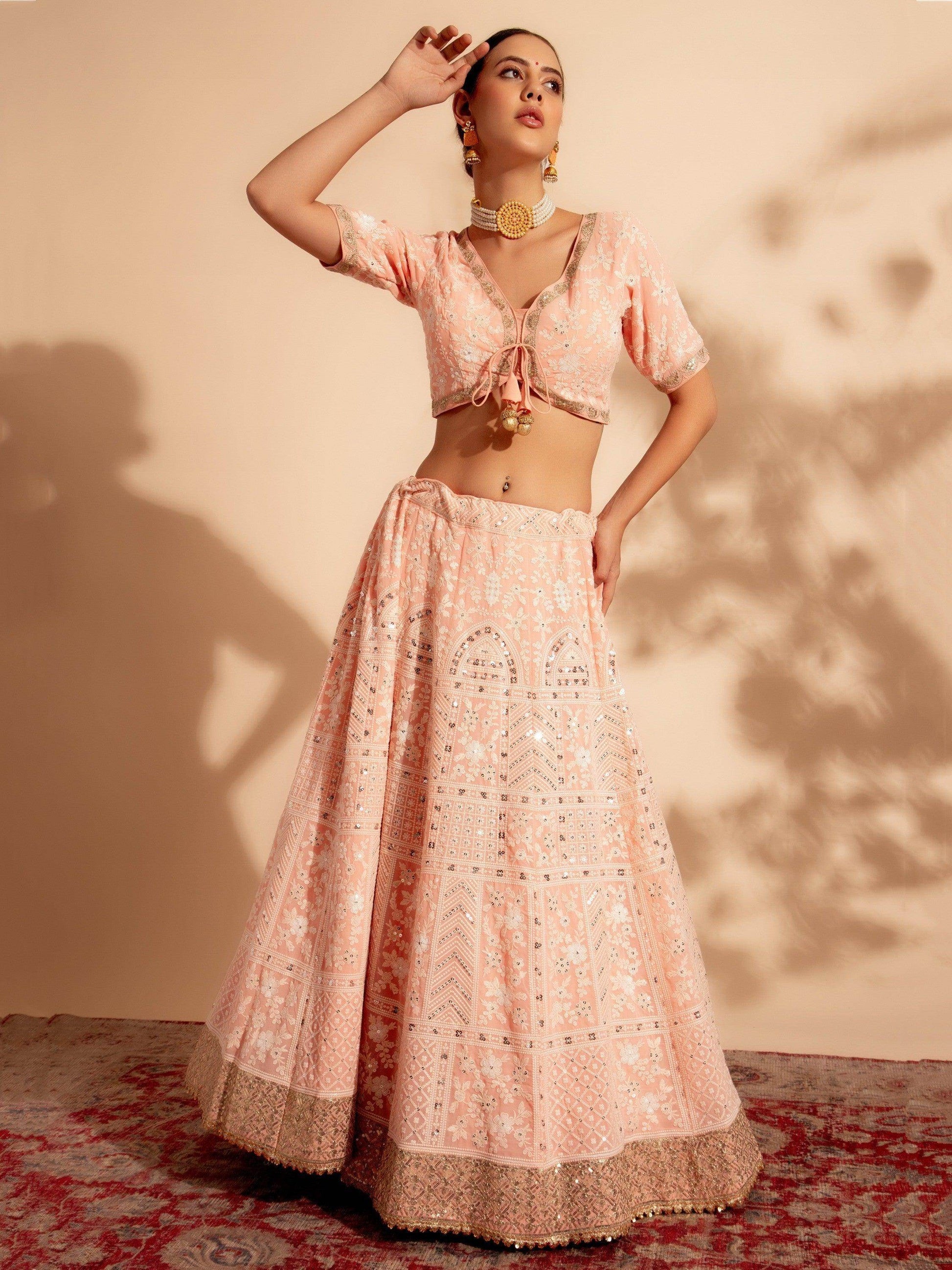 Magnificent Peach Embroidered Georgette Bridesmaid Lehenga Choli - Zeel Clothing
