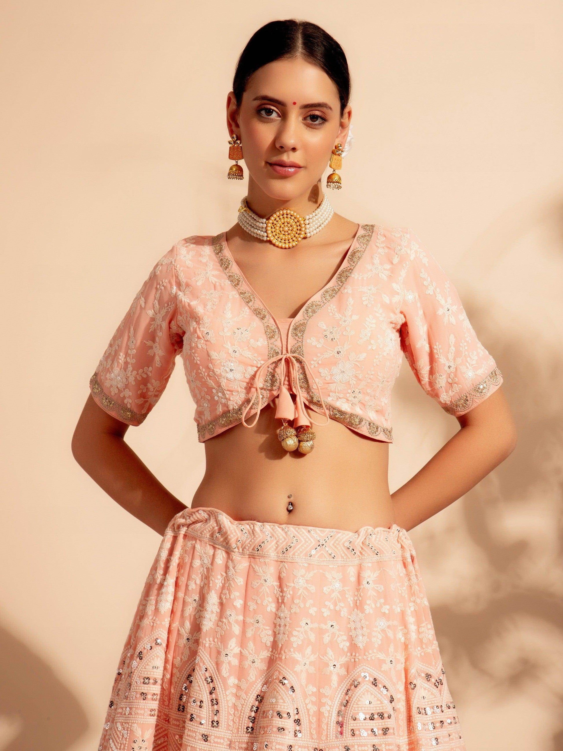 Magnificent Peach Embroidered Georgette Bridesmaid Lehenga Choli - Zeel Clothing