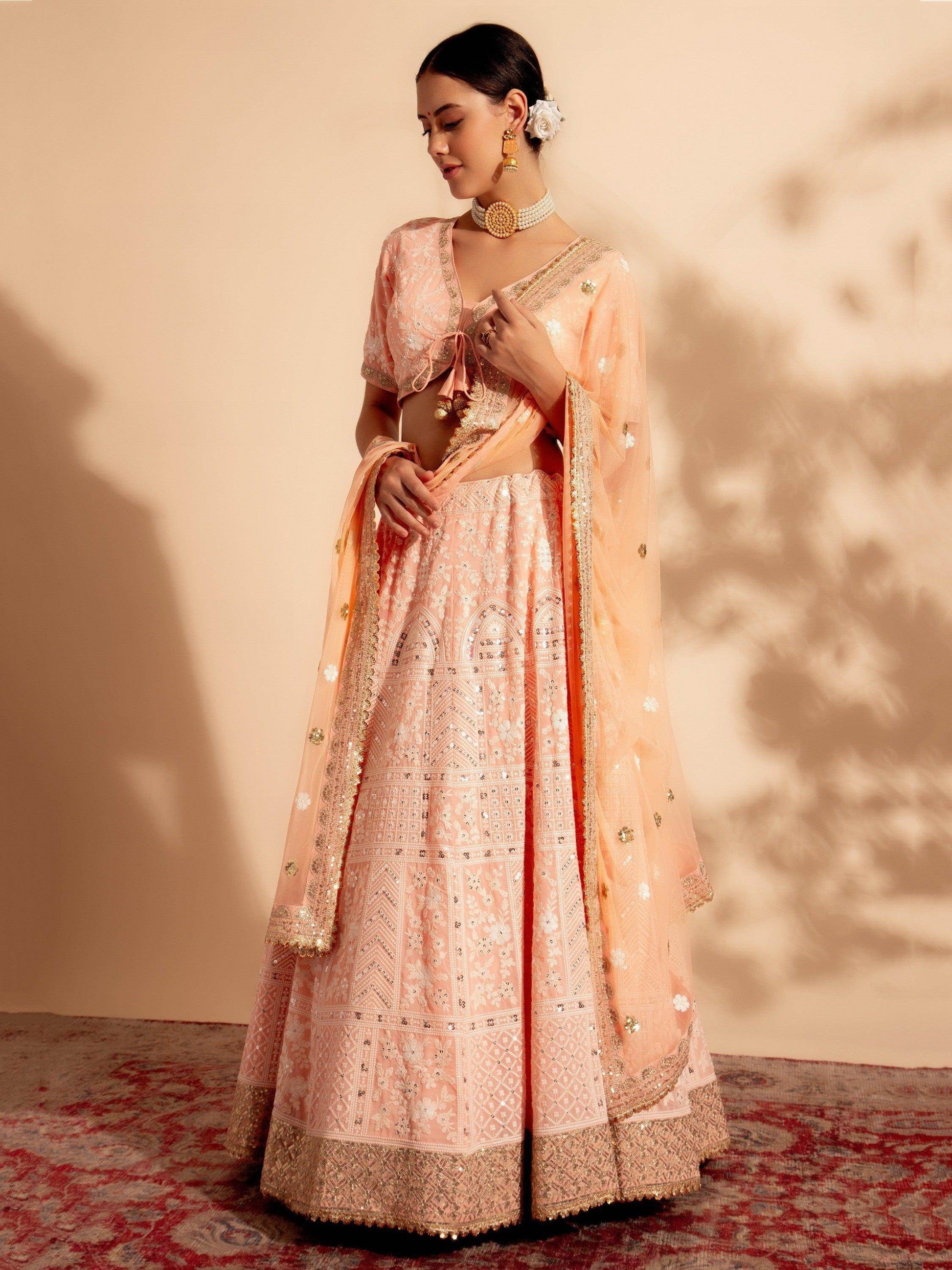 Magnificent Peach Embroidered Georgette Bridesmaid Lehenga Choli - Zeel Clothing