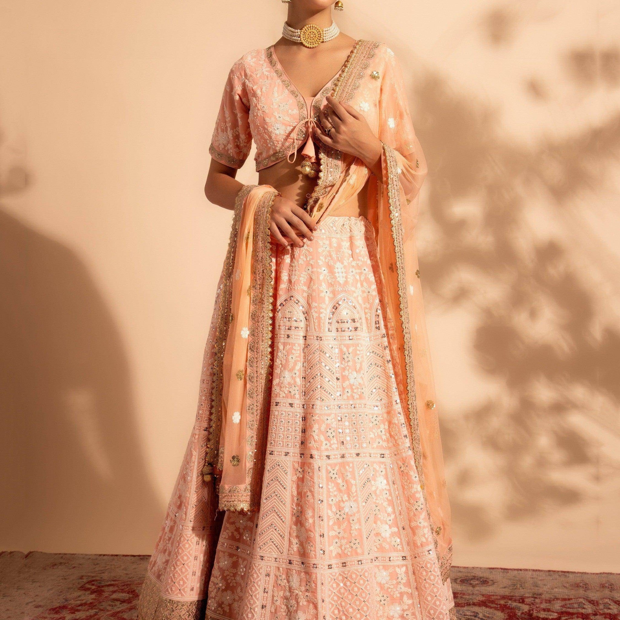Magnificent Peach Embroidered Georgette Bridesmaid Lehenga Choli - Zeel Clothing