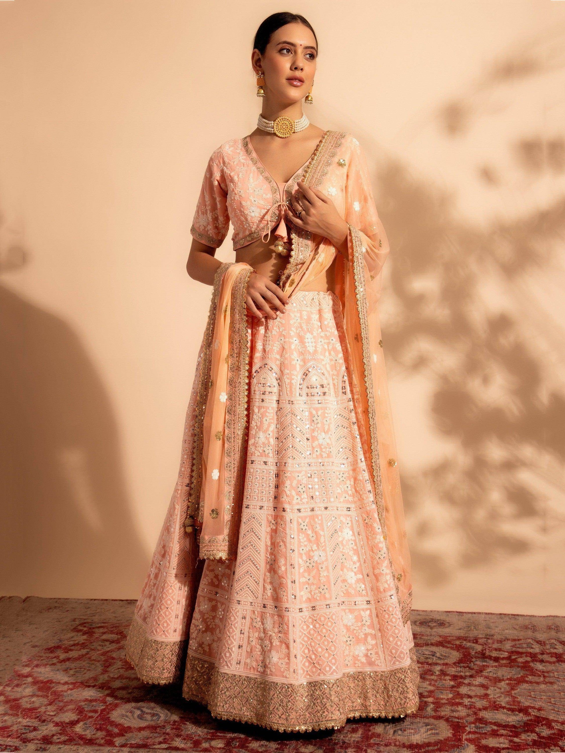 Magnificent Peach Embroidered Georgette Bridesmaid Lehenga Choli - Zeel Clothing